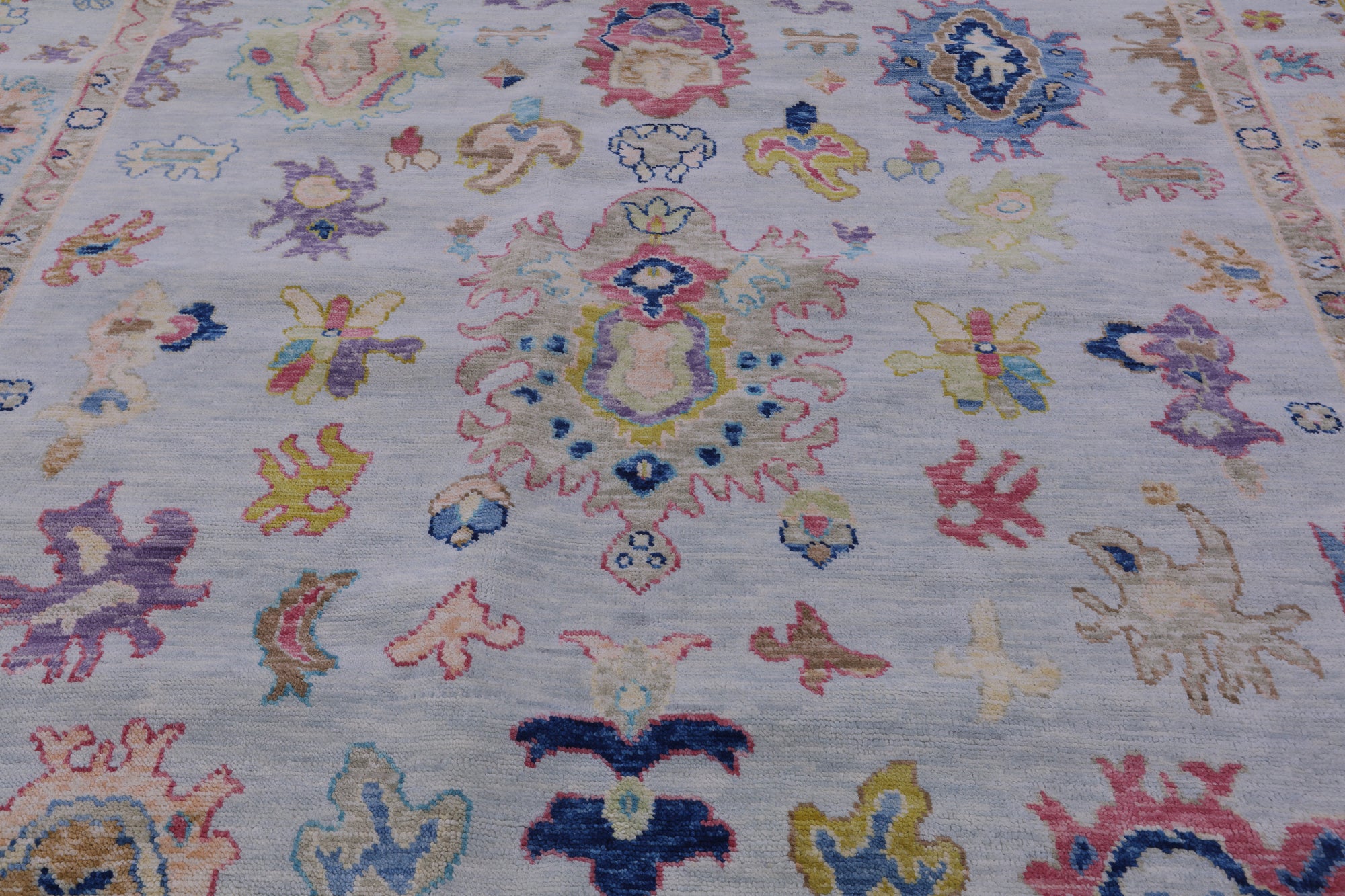 Light Blue Square Turkish Oushak Hand Knotted Wool Rug - 8' 10" X 9' 0" - Golden Nile