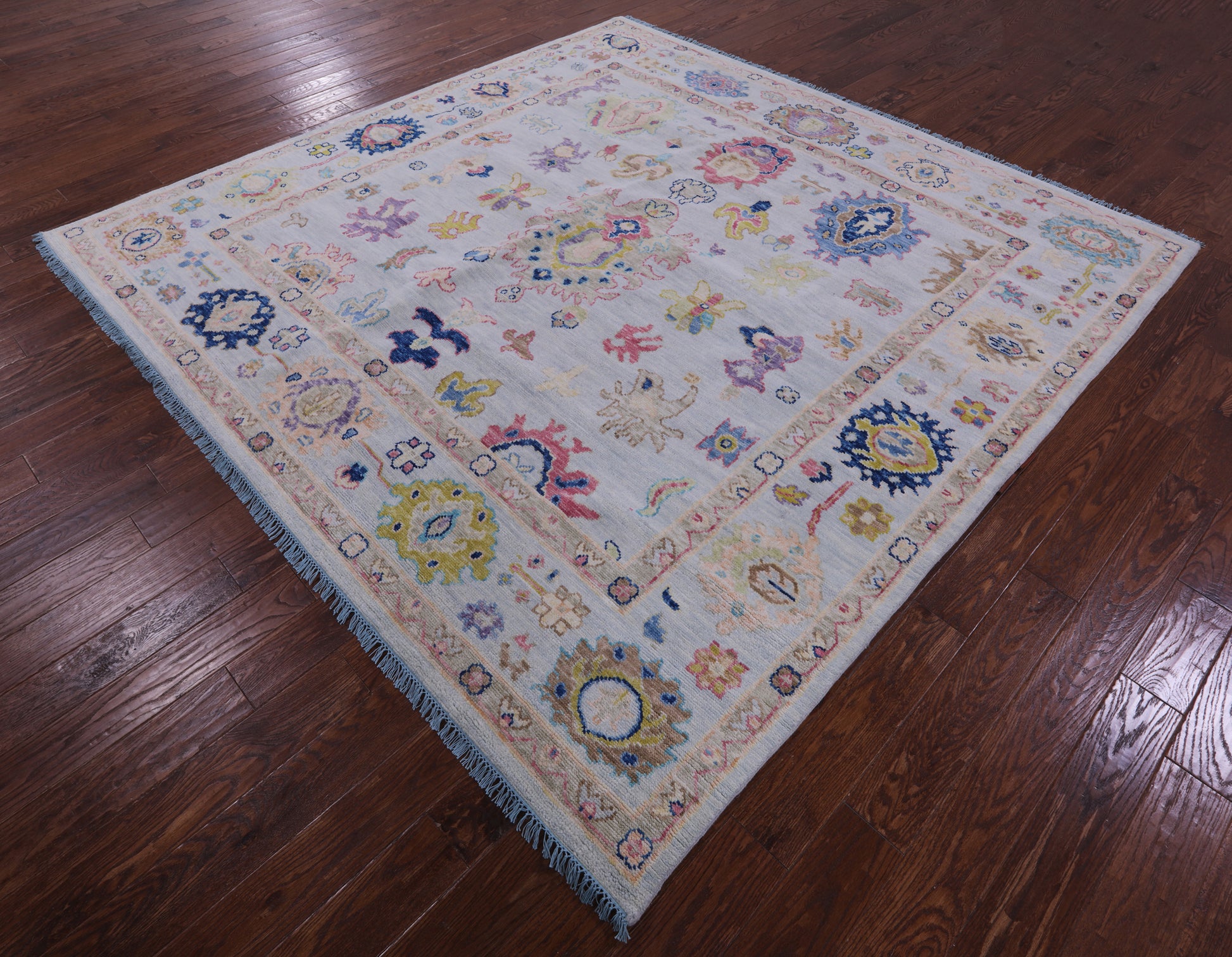 Light Blue Square Turkish Oushak Hand Knotted Wool Rug - 8' 10" X 9' 0" - Golden Nile