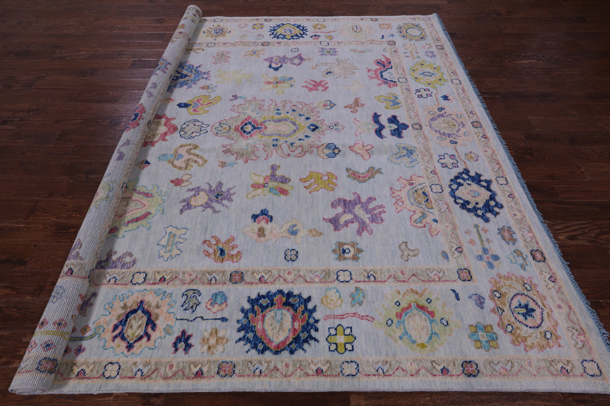 Light Blue Square Turkish Oushak Hand Knotted Wool Rug - 8' 10" X 9' 0" - Golden Nile
