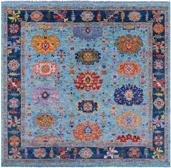 Blue Square Turkish Oushak Handmade Wool Rug - 8' 10" X 9' 1" - Golden Nile
