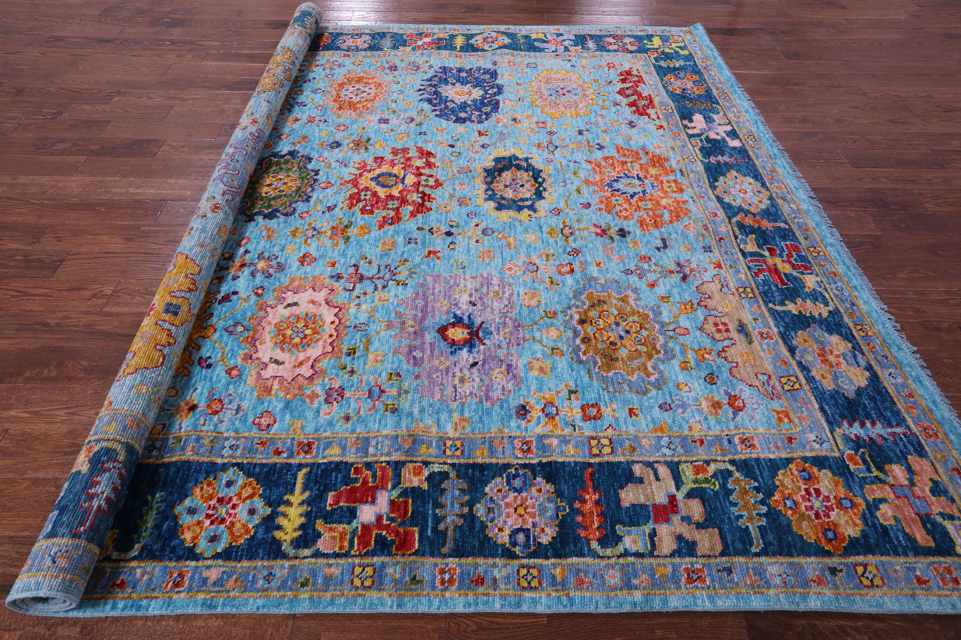 Blue Square Turkish Oushak Handmade Wool Rug - 8' 10" X 9' 1" - Golden Nile