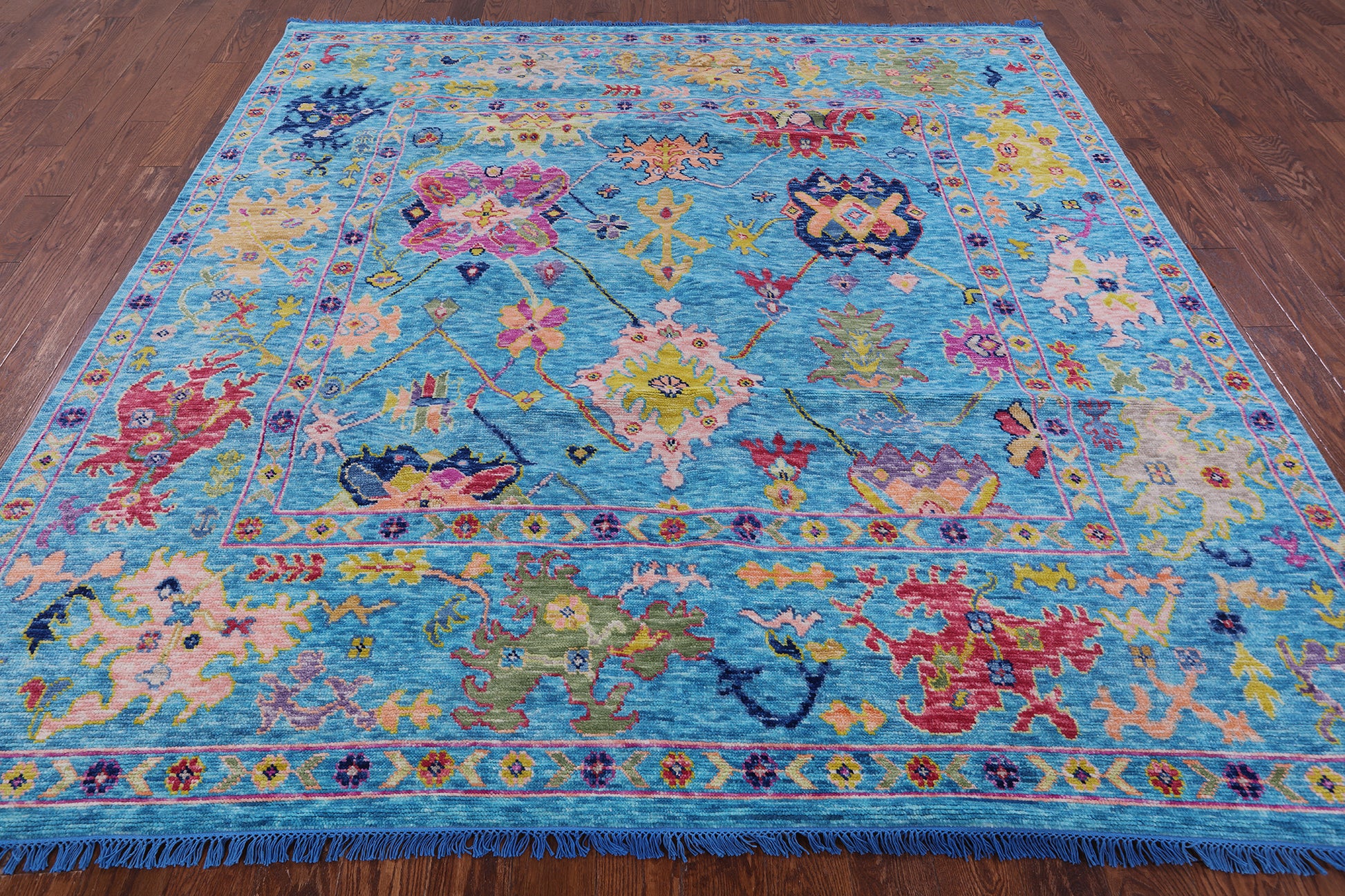 Blue Square Turkish Oushak Handmade Wool Rug - 9' 0" X 9' 1" - Golden Nile