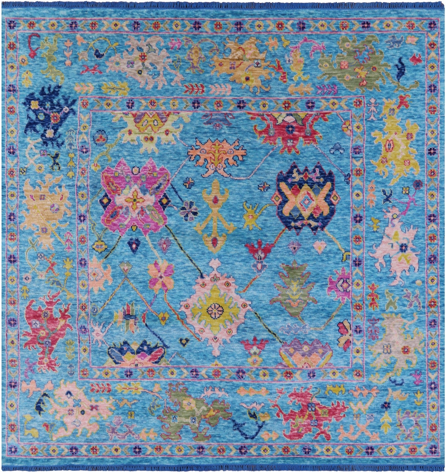 Blue Square Turkish Oushak Handmade Wool Rug - 9' 0" X 9' 1" - Golden Nile