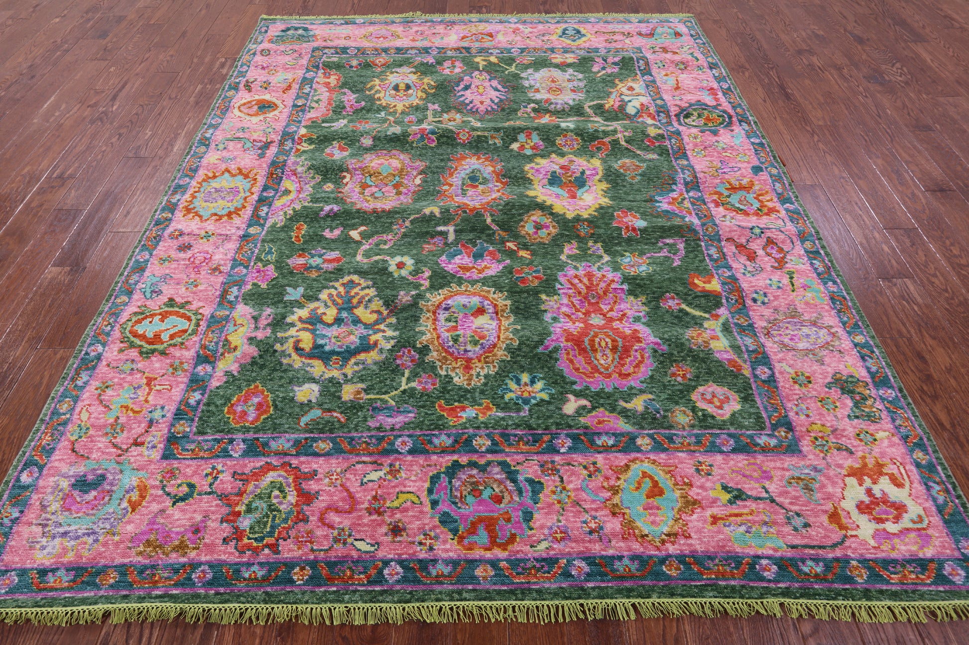 Green Turkish Oushak Hand Knotted Wool Rug - 8' 0" X 9' 9" - Golden Nile