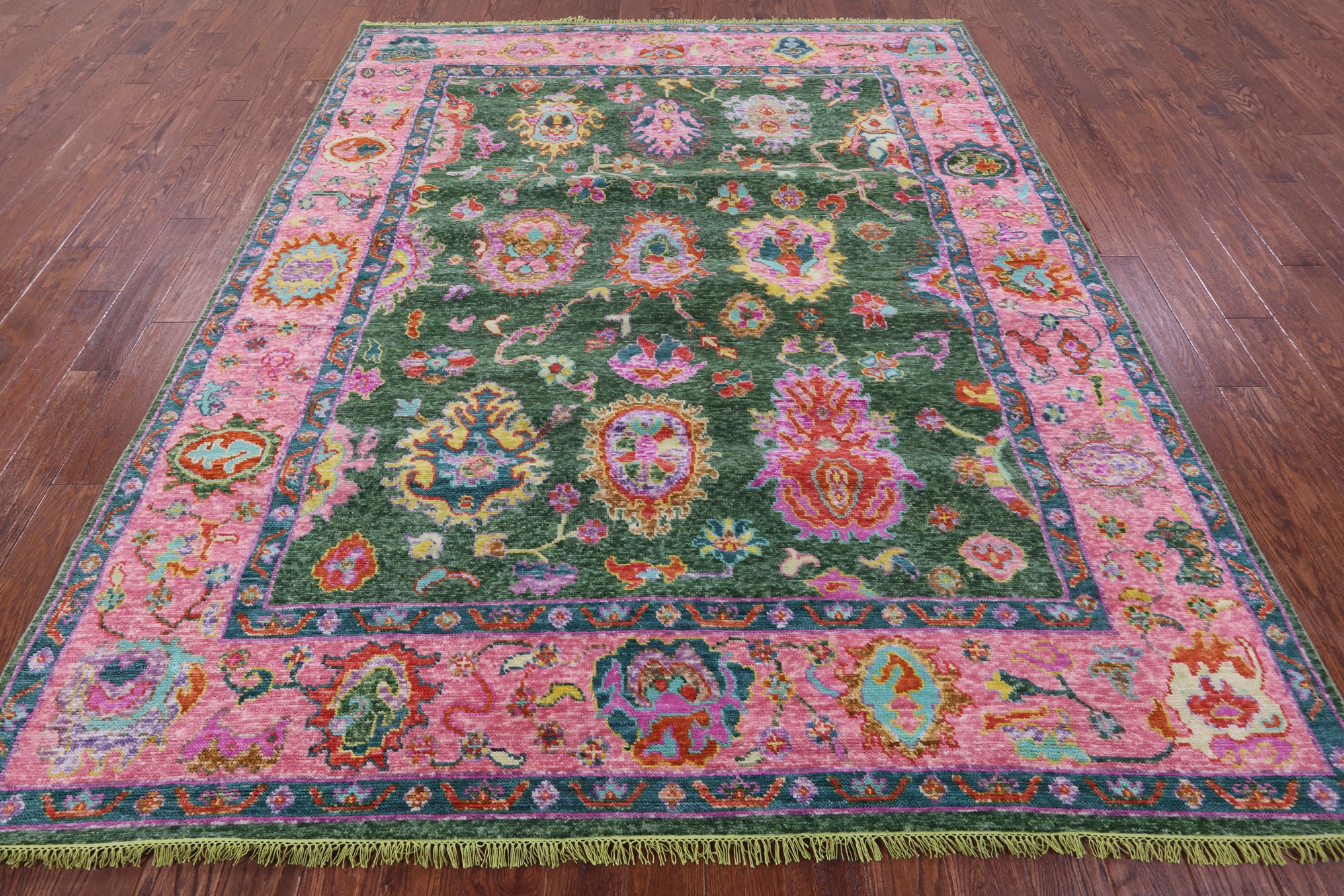 Green Turkish Oushak Hand Knotted Wool Rug - 8' 0" X 9' 9" - Golden Nile