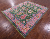 Green Turkish Oushak Hand Knotted Wool Rug - 8' 0" X 9' 9" - Golden Nile