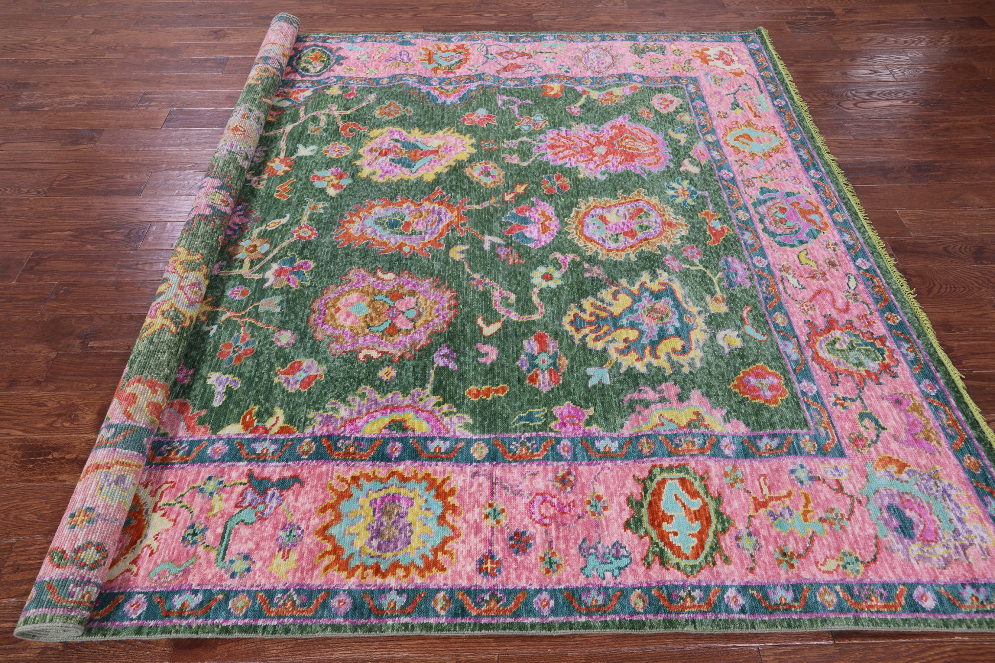 Green Turkish Oushak Hand Knotted Wool Rug - 8' 0" X 9' 9" - Golden Nile