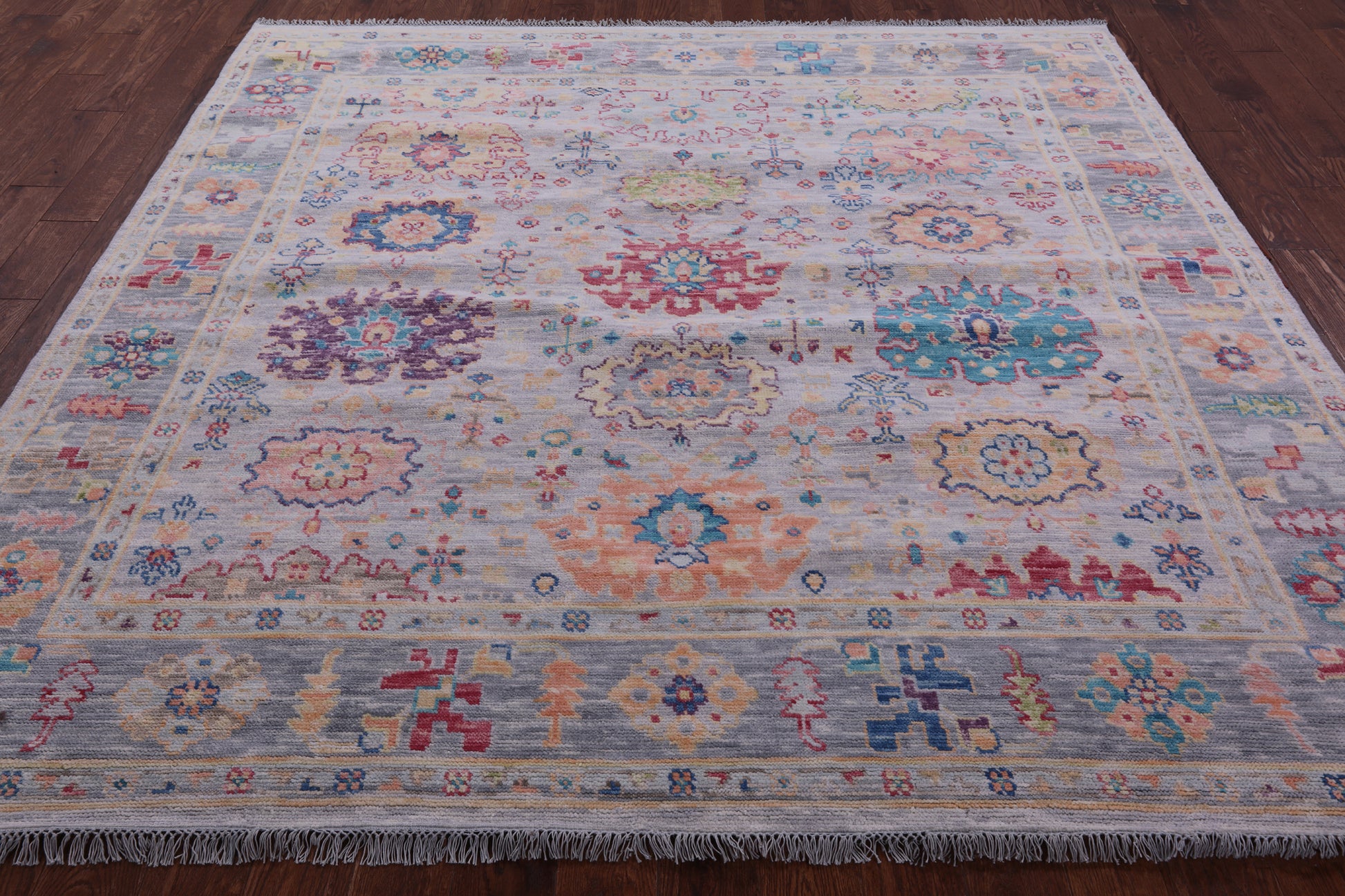 Grey Square Turkish Oushak Hand Knotted Wool Rug - 8' 0" X 8' 1" - Golden Nile