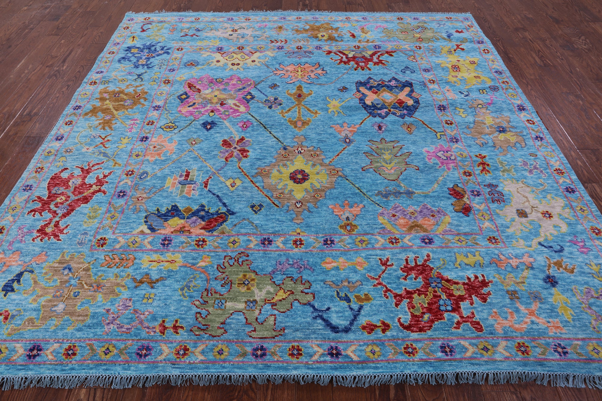 Blue Square Turkish Oushak Hand Knotted Wool Rug - 8' 11" X 9' 3" - Golden Nile