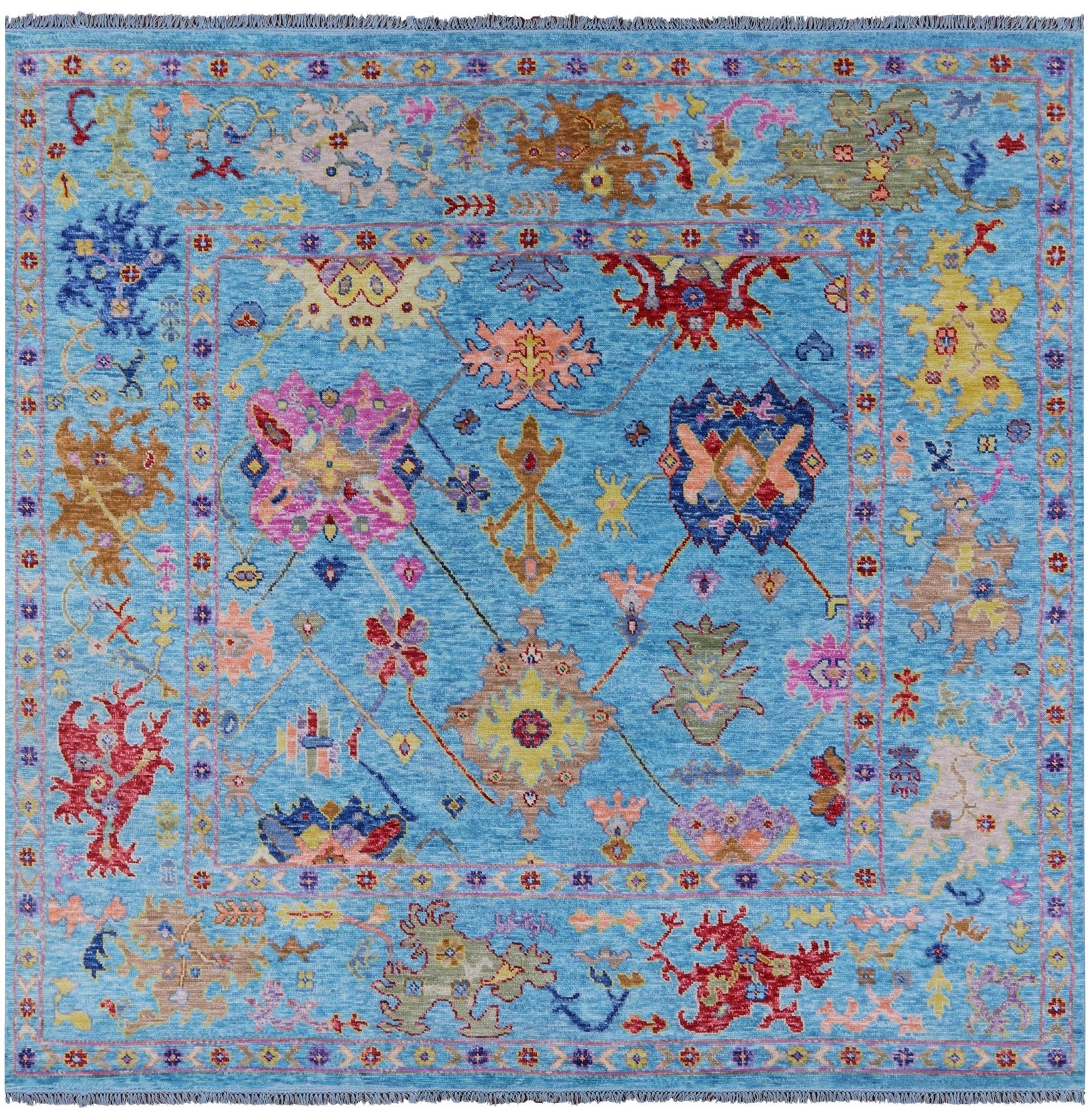 Blue Square Turkish Oushak Hand Knotted Wool Rug - 8' 11" X 9' 3" - Golden Nile