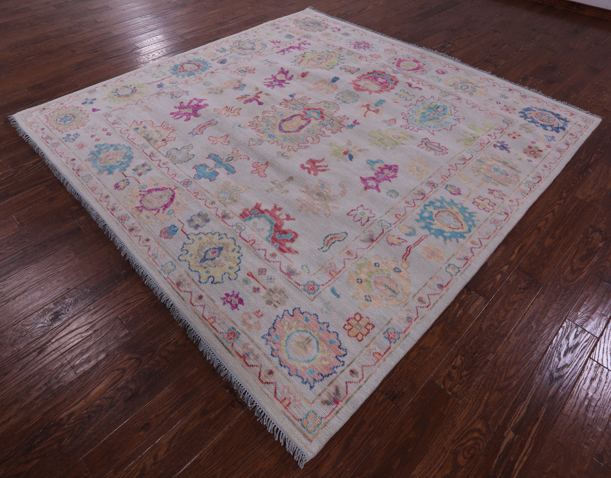 Ivory Square Turkish Oushak Hand Knotted Wool Rug - 8' 11" X 9' 0" - Golden Nile