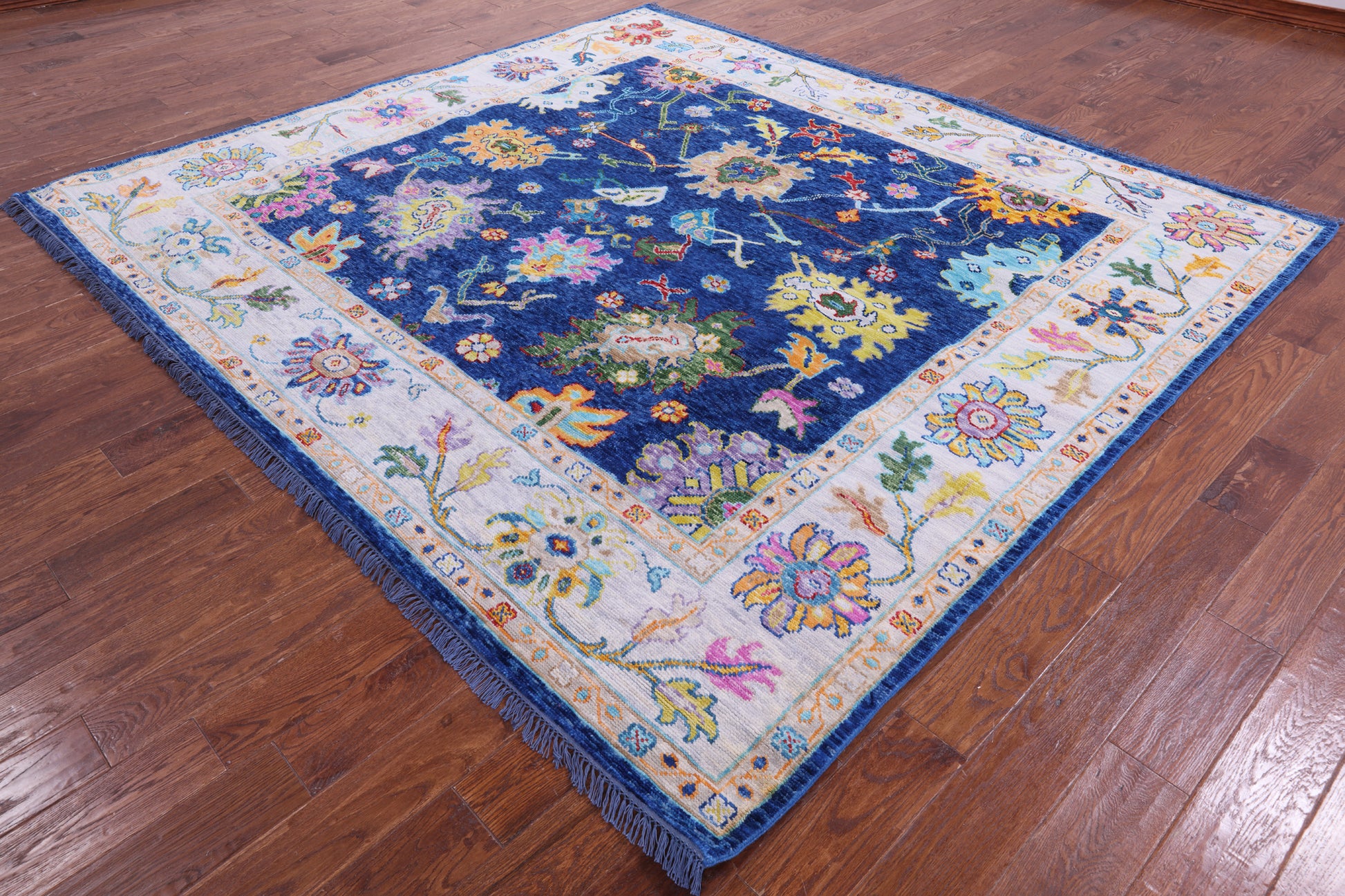 Blue Square Turkish Oushak Hand Knotted Wool Rug - 8' 5" X 9' 3" - Golden Nile