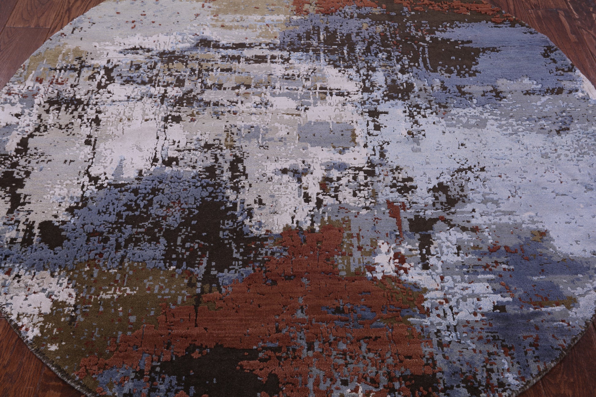Round Abstract Contemporary Hand Knotted Wool & Silk Rug - 5' 2" X 5' 2" - Golden Nile