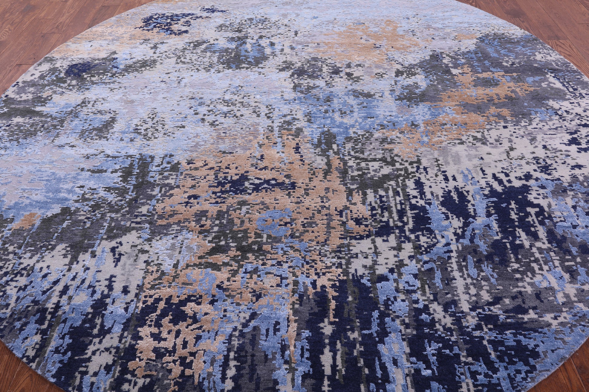 Round Abstract Contemporary Hand Knotted Wool & Silk Rug - 10' 0" X 10' 1" - Golden Nile