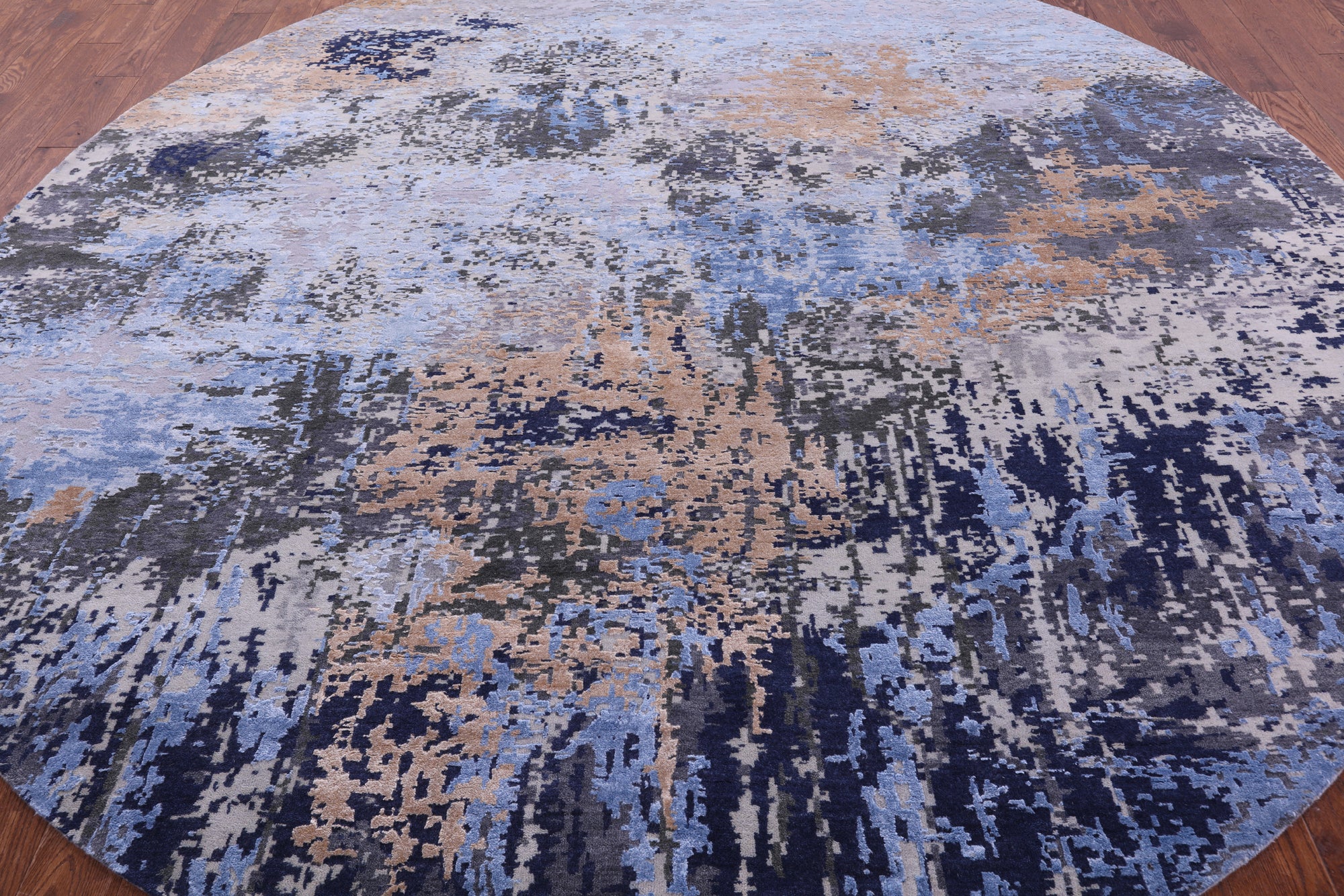 Round Abstract Contemporary Hand Knotted Wool & Silk Rug - 10' 0" X 10' 1" - Golden Nile