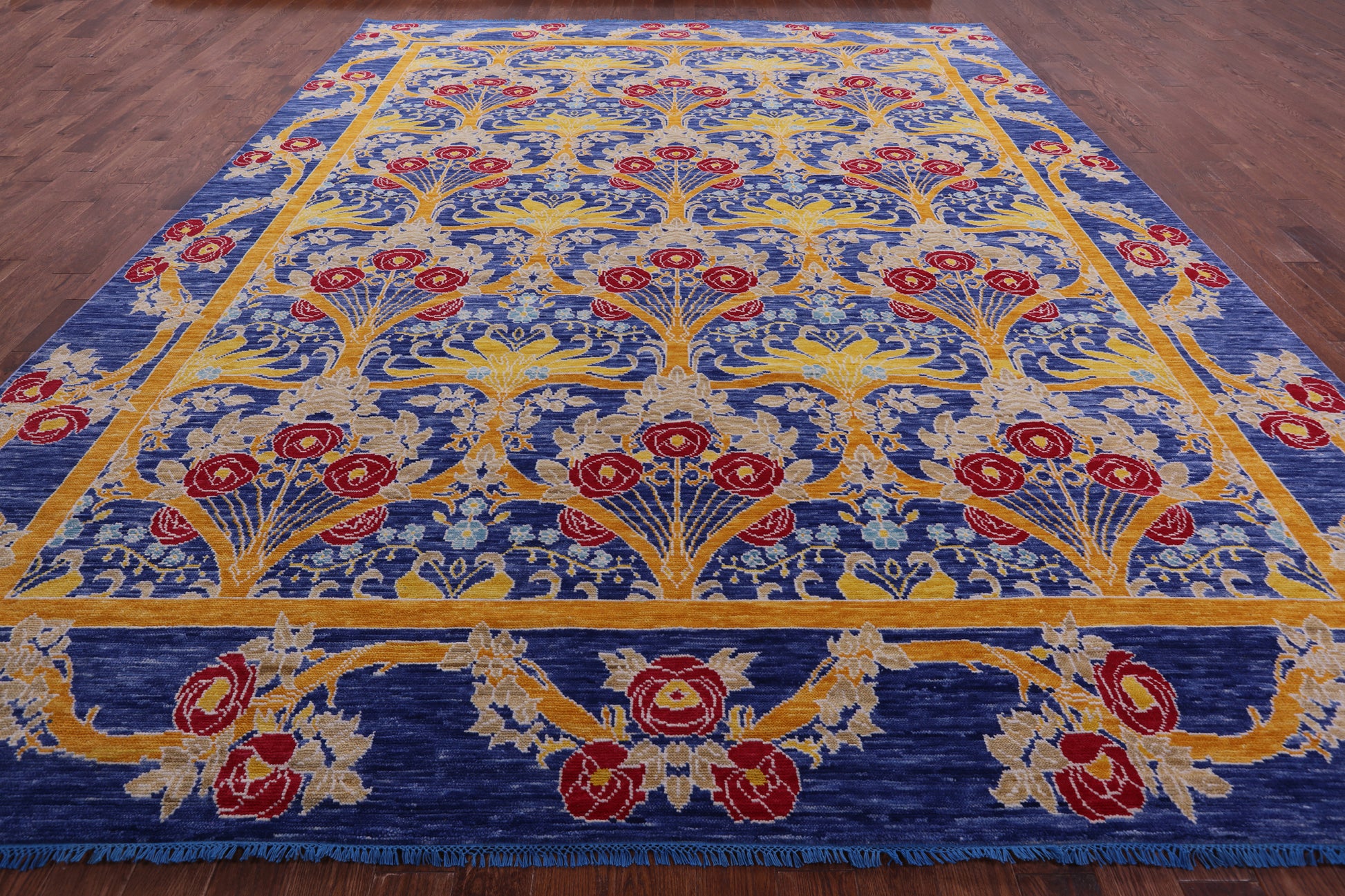Blue William Morris Hand Knotted Wool Rug - 12' 0" X 15' 0" - Golden Nile