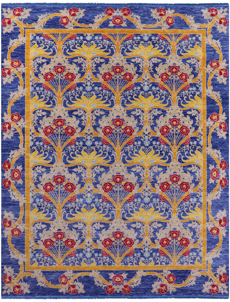 Blue William Morris Hand Knotted Wool Rug - 12' 0" X 15' 0" - Golden Nile