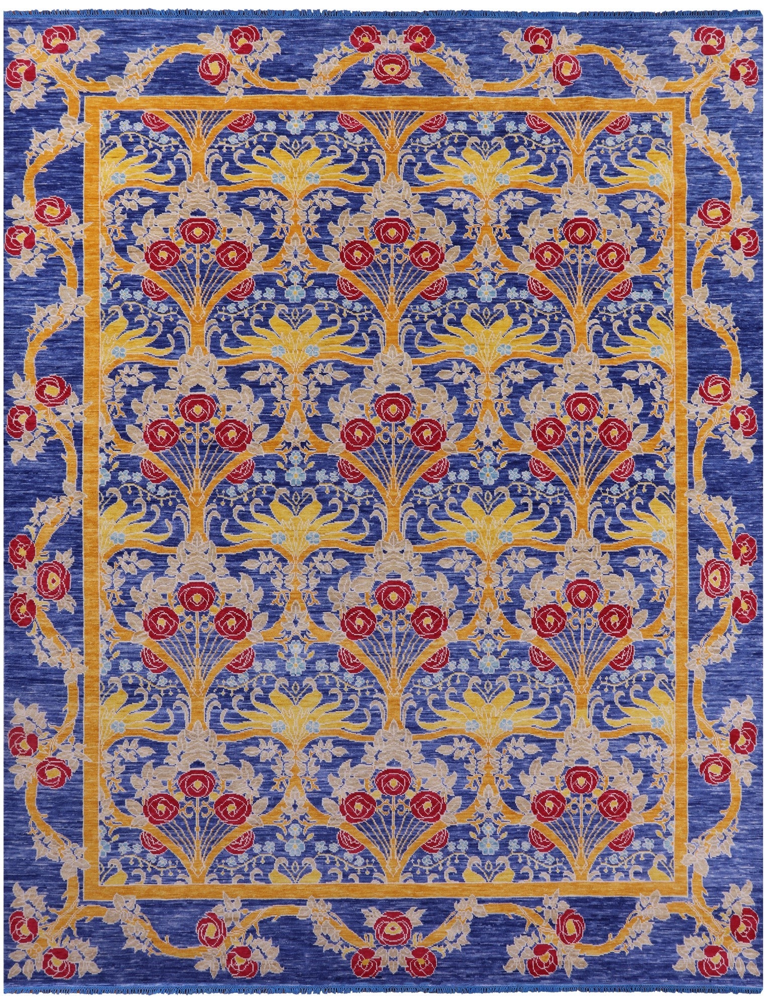 Blue William Morris Hand Knotted Wool Rug - 12' 0" X 15' 0" - Golden Nile