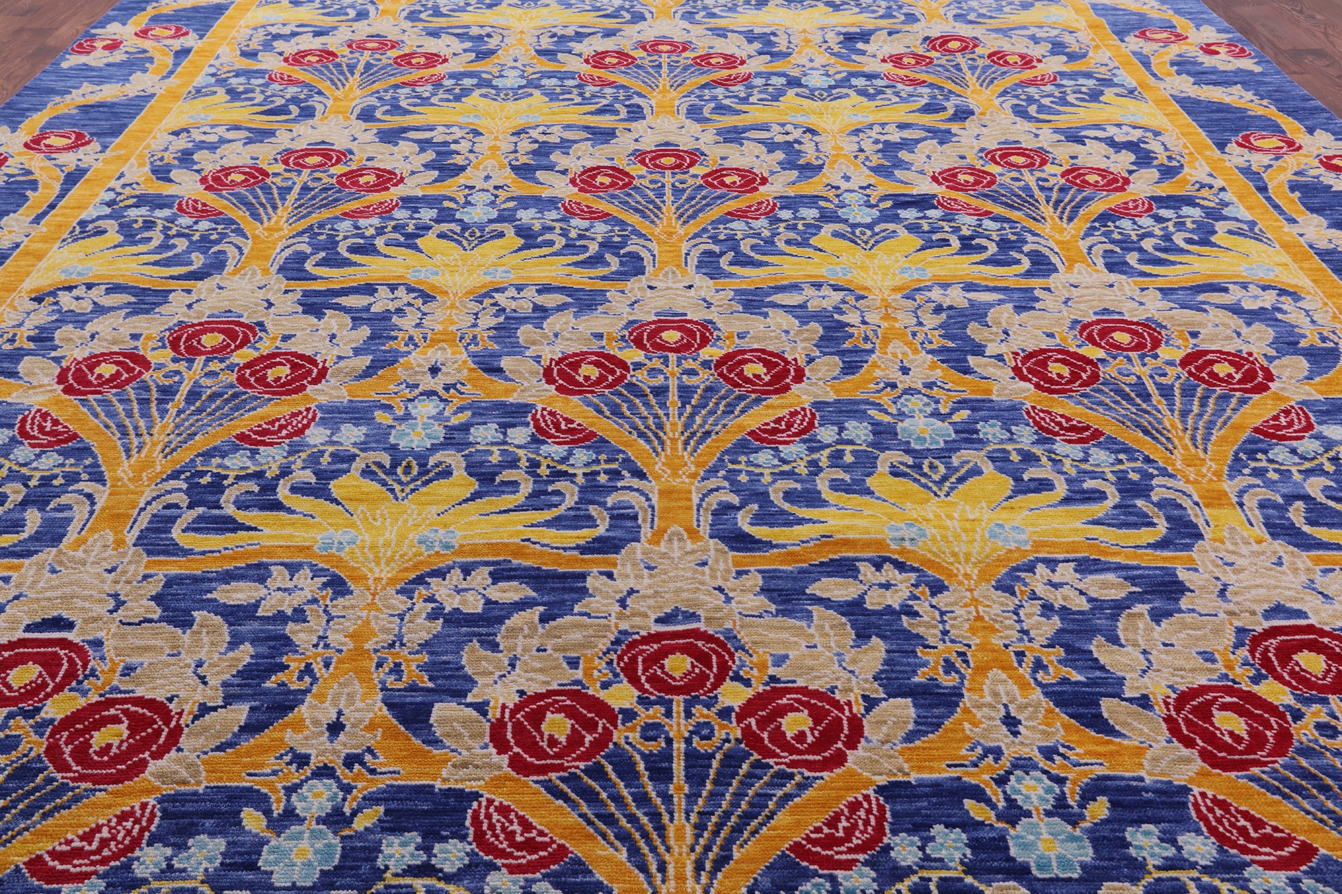 Blue William Morris Hand Knotted Wool Rug - 12' 0" X 15' 0" - Golden Nile