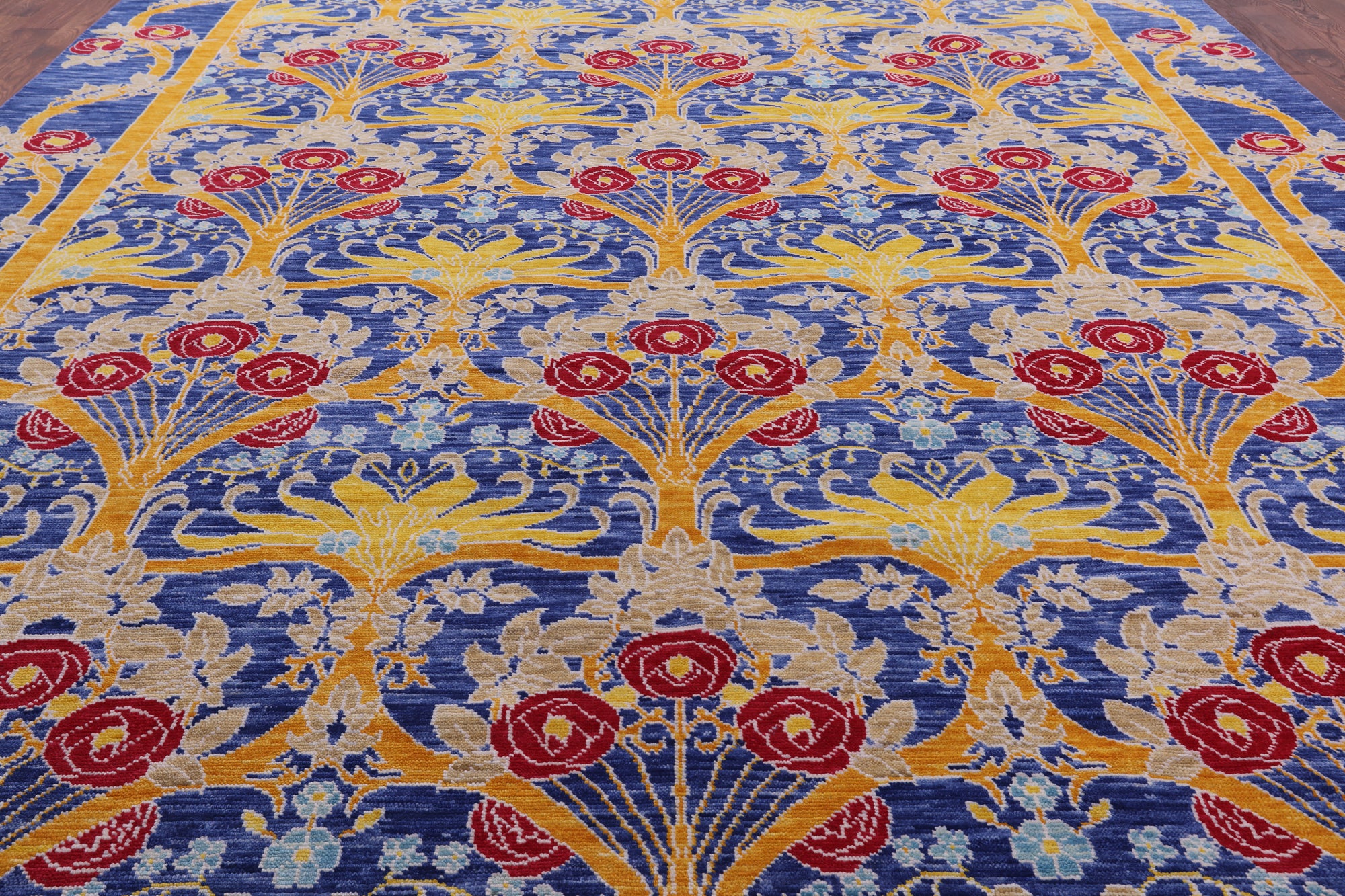 Blue William Morris Hand Knotted Wool Rug - 12' 0" X 15' 0" - Golden Nile