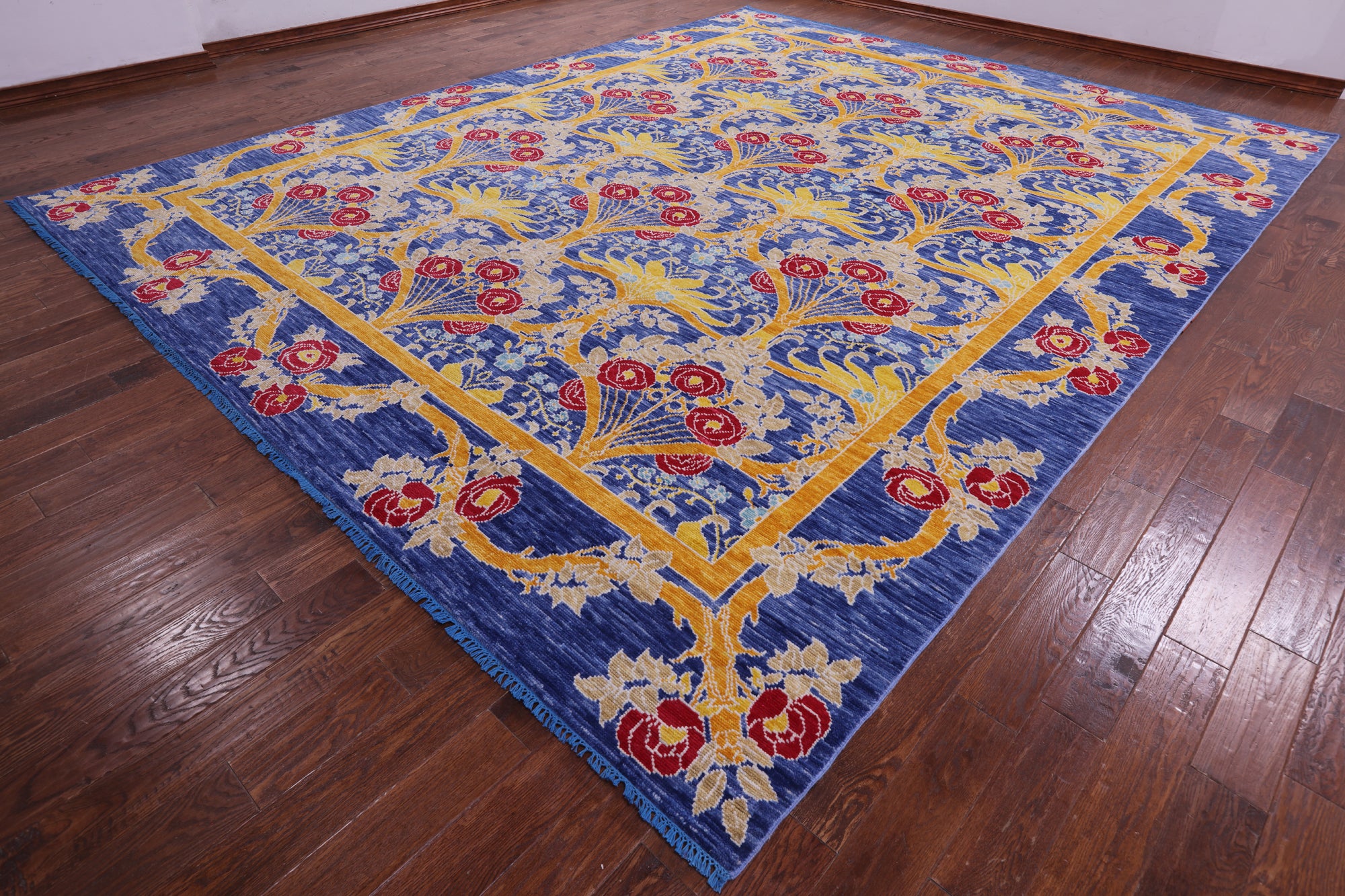Blue William Morris Hand Knotted Wool Rug - 12' 0" X 15' 0" - Golden Nile