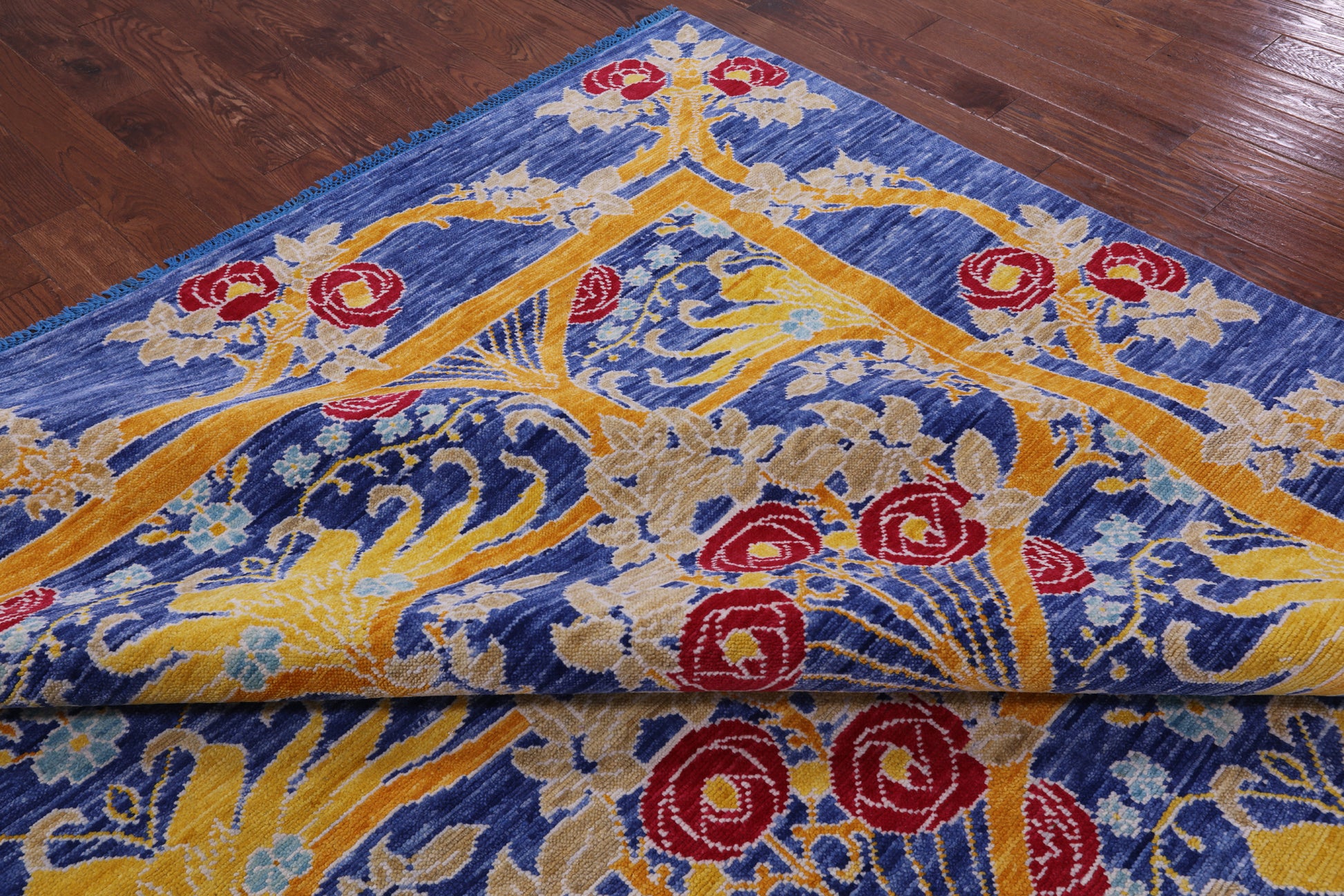 Blue William Morris Hand Knotted Wool Rug - 12' 0" X 15' 0" - Golden Nile