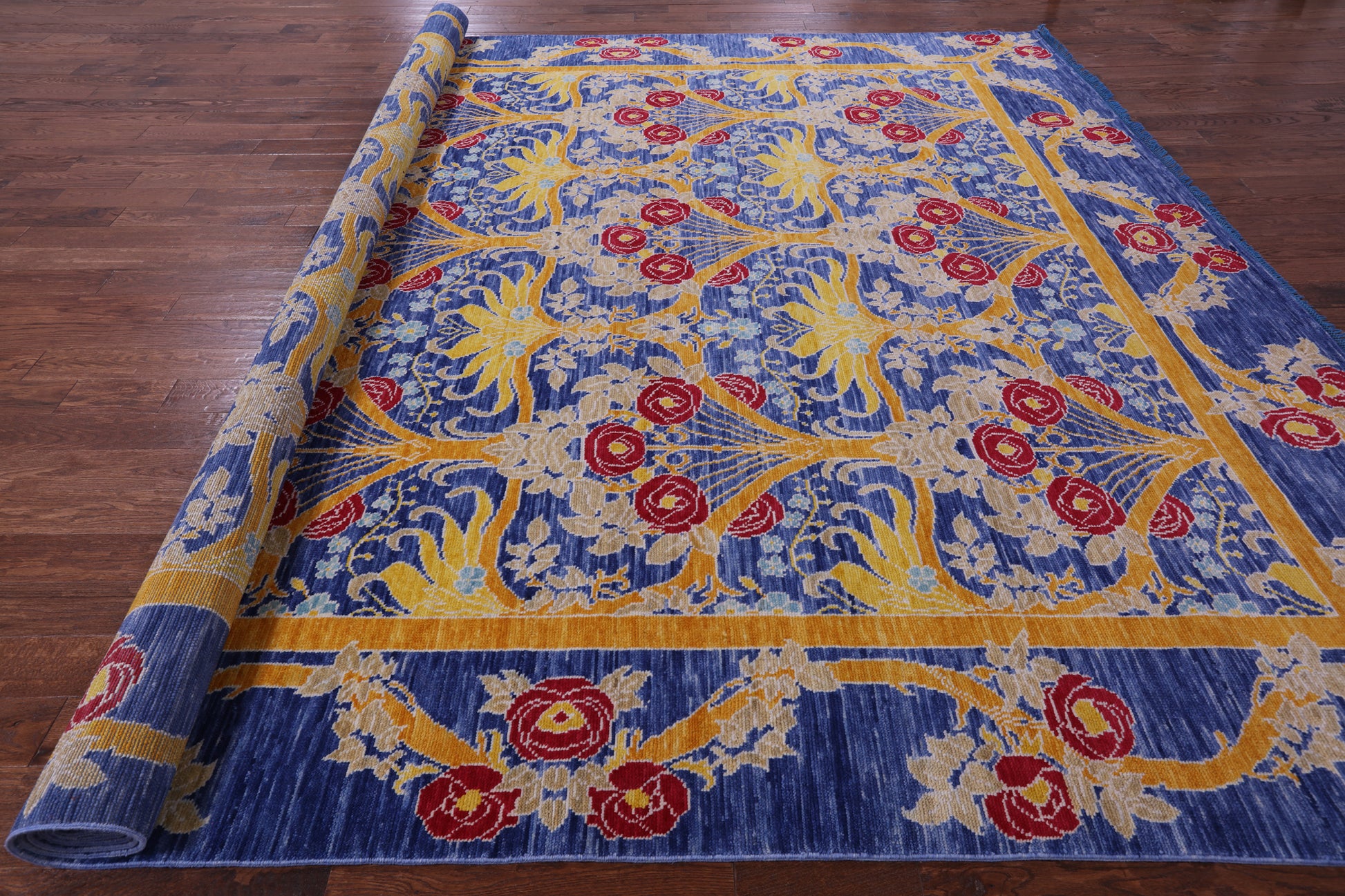 Blue William Morris Hand Knotted Wool Rug - 12' 0" X 15' 0" - Golden Nile