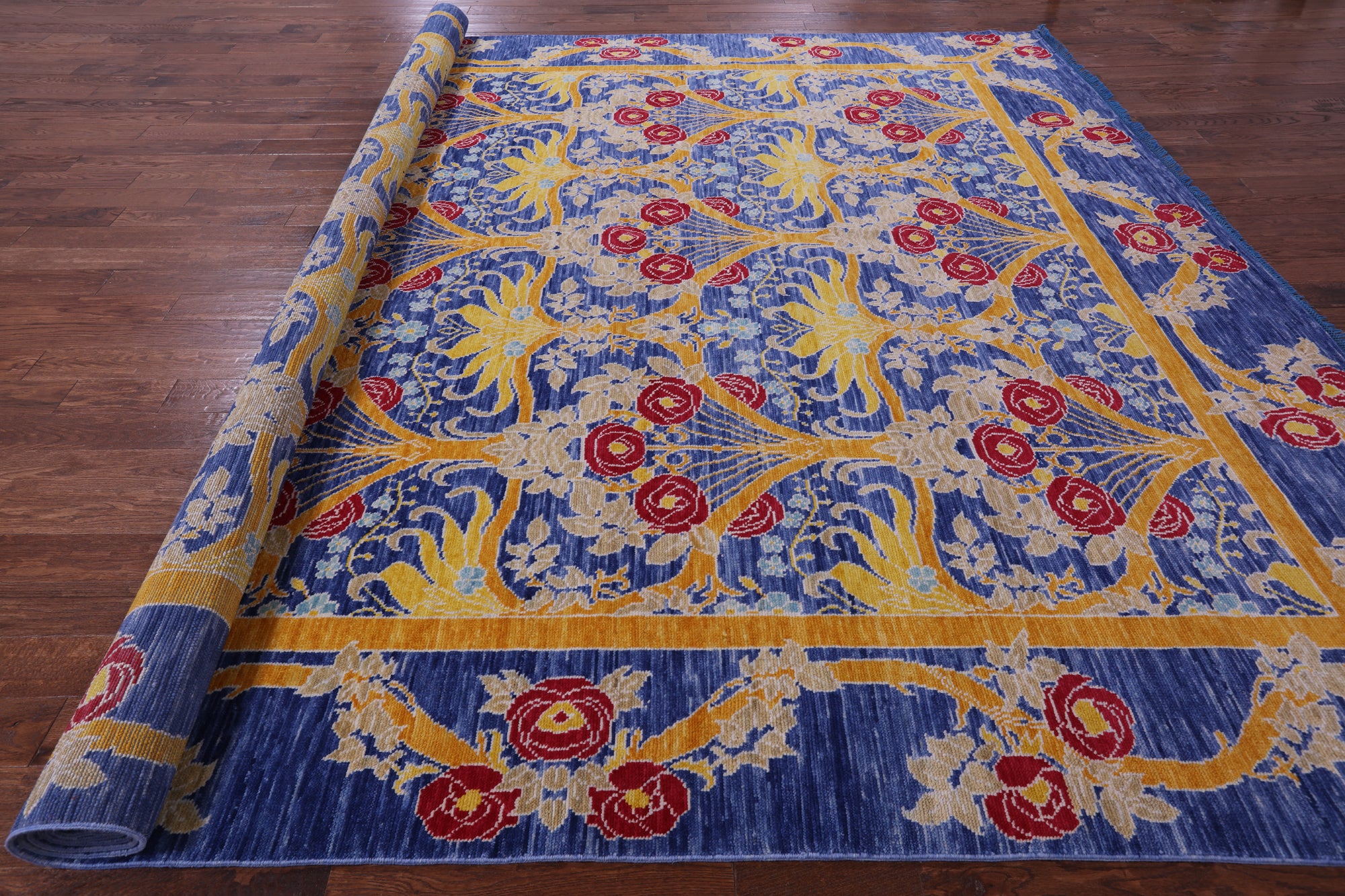 Blue William Morris Hand Knotted Wool Rug - 12' 0" X 15' 0" - Golden Nile