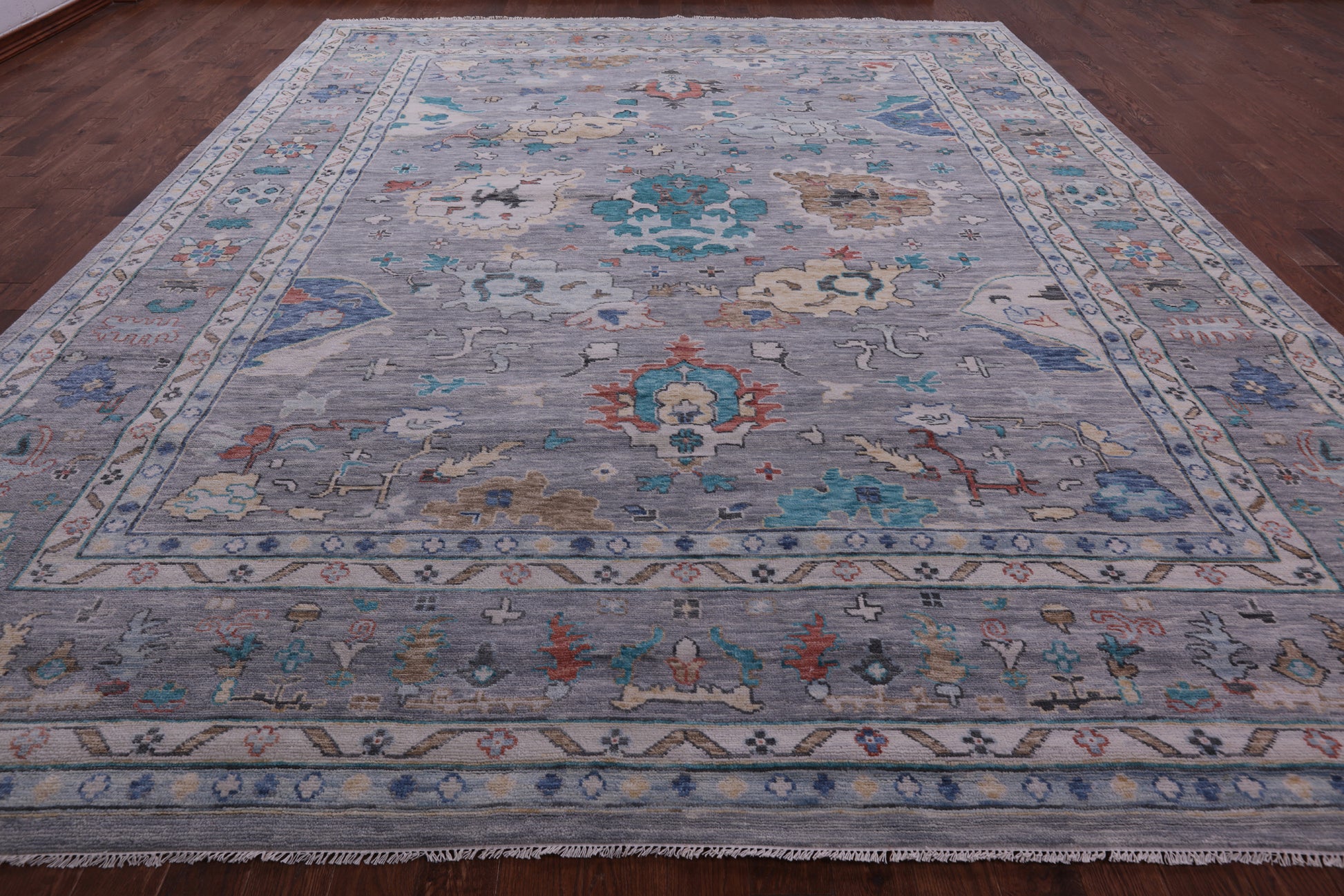 Grey Turkish Oushak Hand Knotted Wool Rug - 12' 4" X 14' 11" - Golden Nile