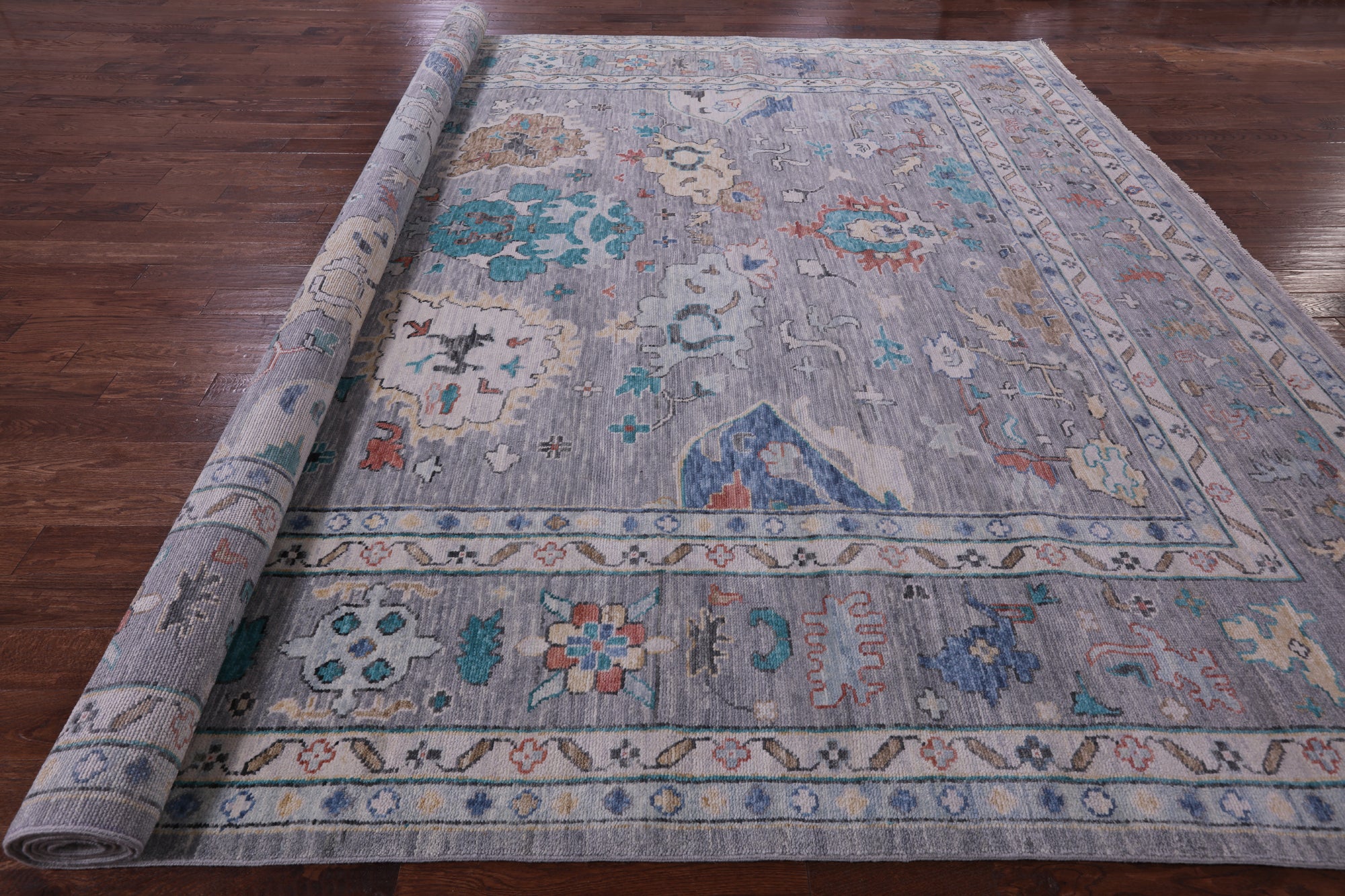 Grey Turkish Oushak Hand Knotted Wool Rug - 12' 4" X 14' 11" - Golden Nile