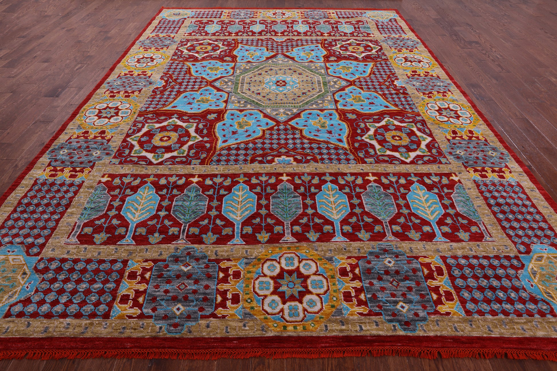 Red Geometric Persian Mamluk Hand Knotted Wool Rug - 9' 10" X 13' 9" - Golden Nile