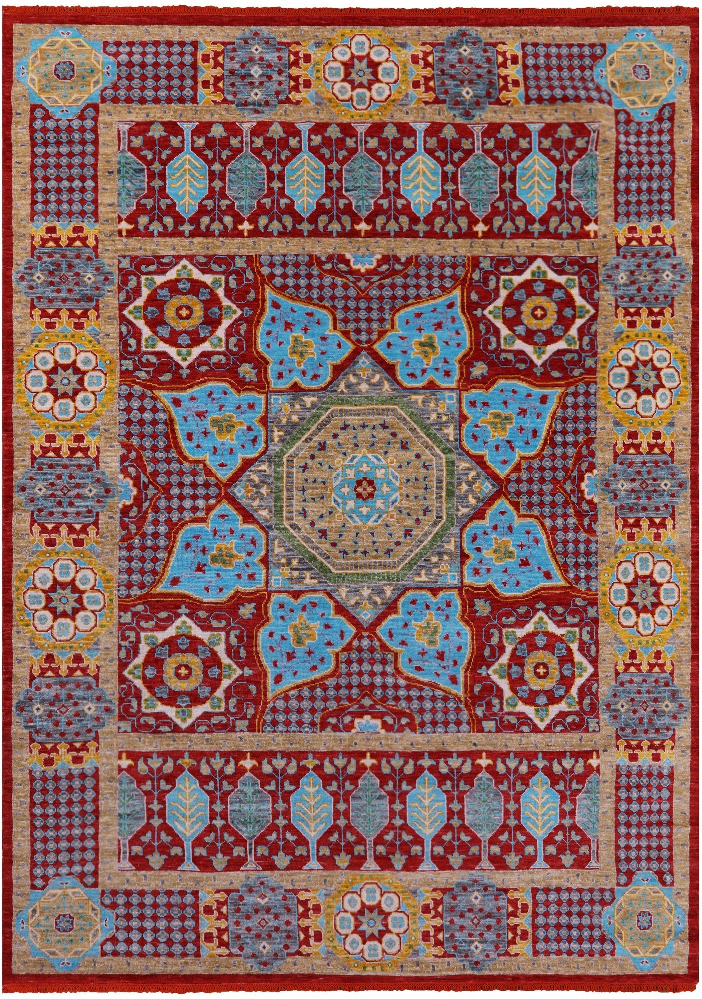 Red Geometric Persian Mamluk Hand Knotted Wool Rug - 9' 10" X 13' 9" - Golden Nile