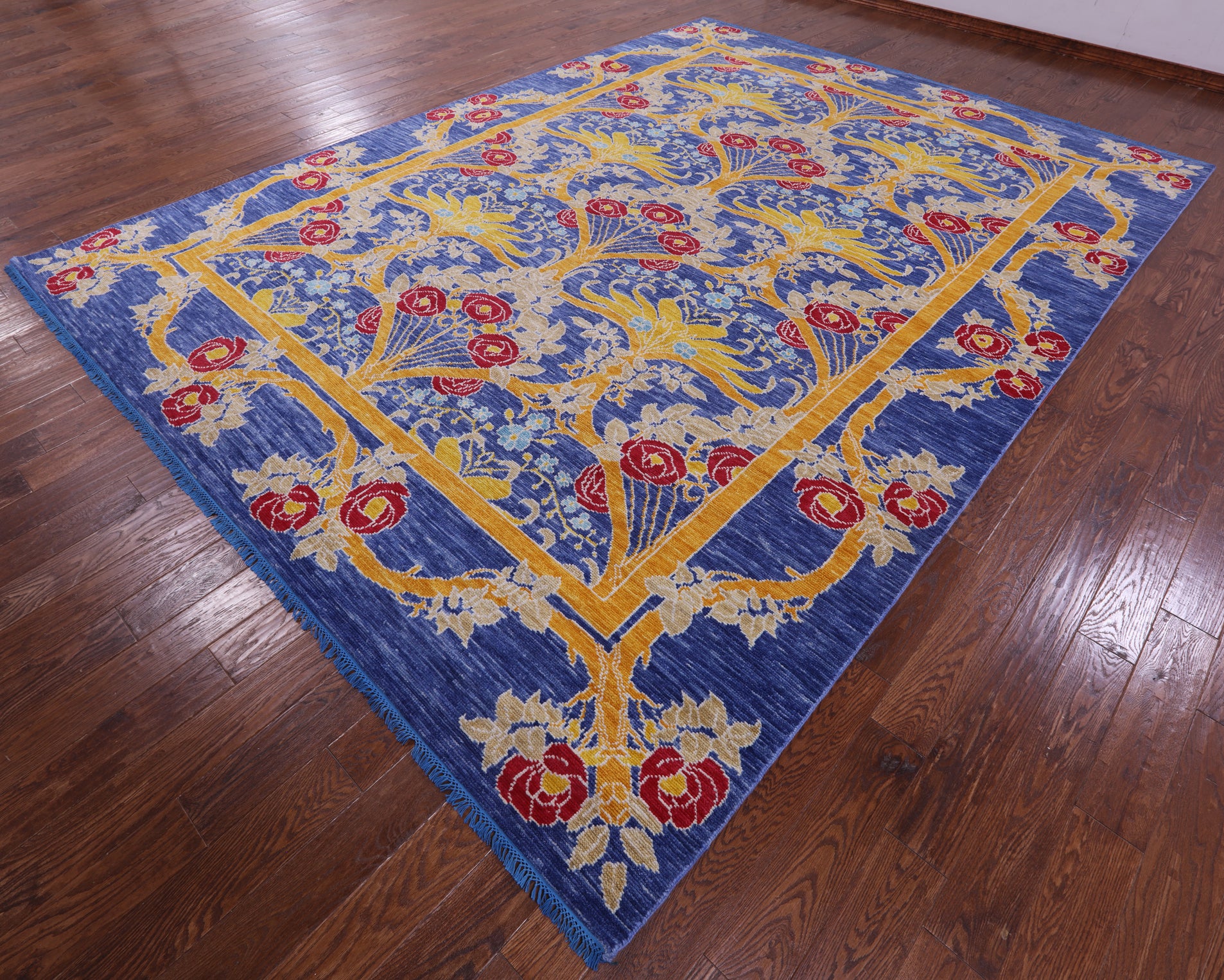 Blue William Morris Hand Knotted Wool Rug - 10' 1" X 13' 9" - Golden Nile