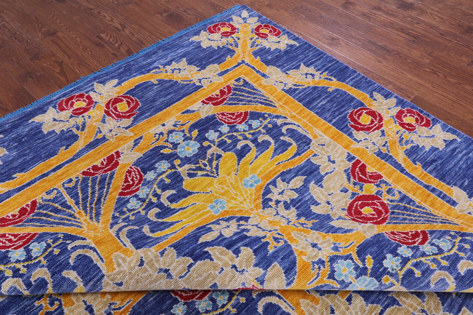 Blue William Morris Hand Knotted Wool Rug - 10' 1" X 13' 9" - Golden Nile