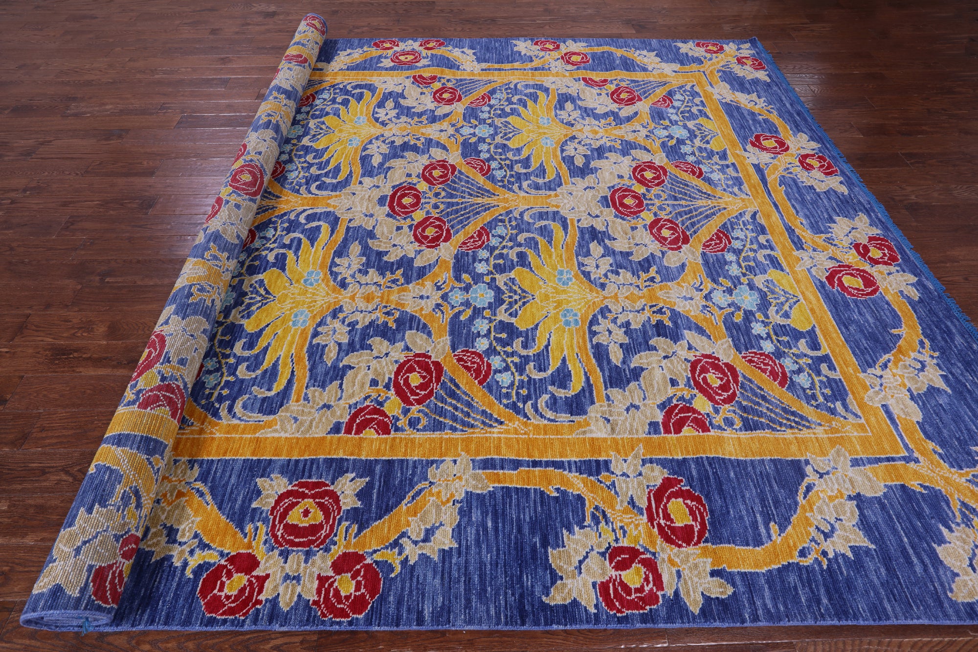 Blue William Morris Hand Knotted Wool Rug - 10' 1" X 13' 9" - Golden Nile