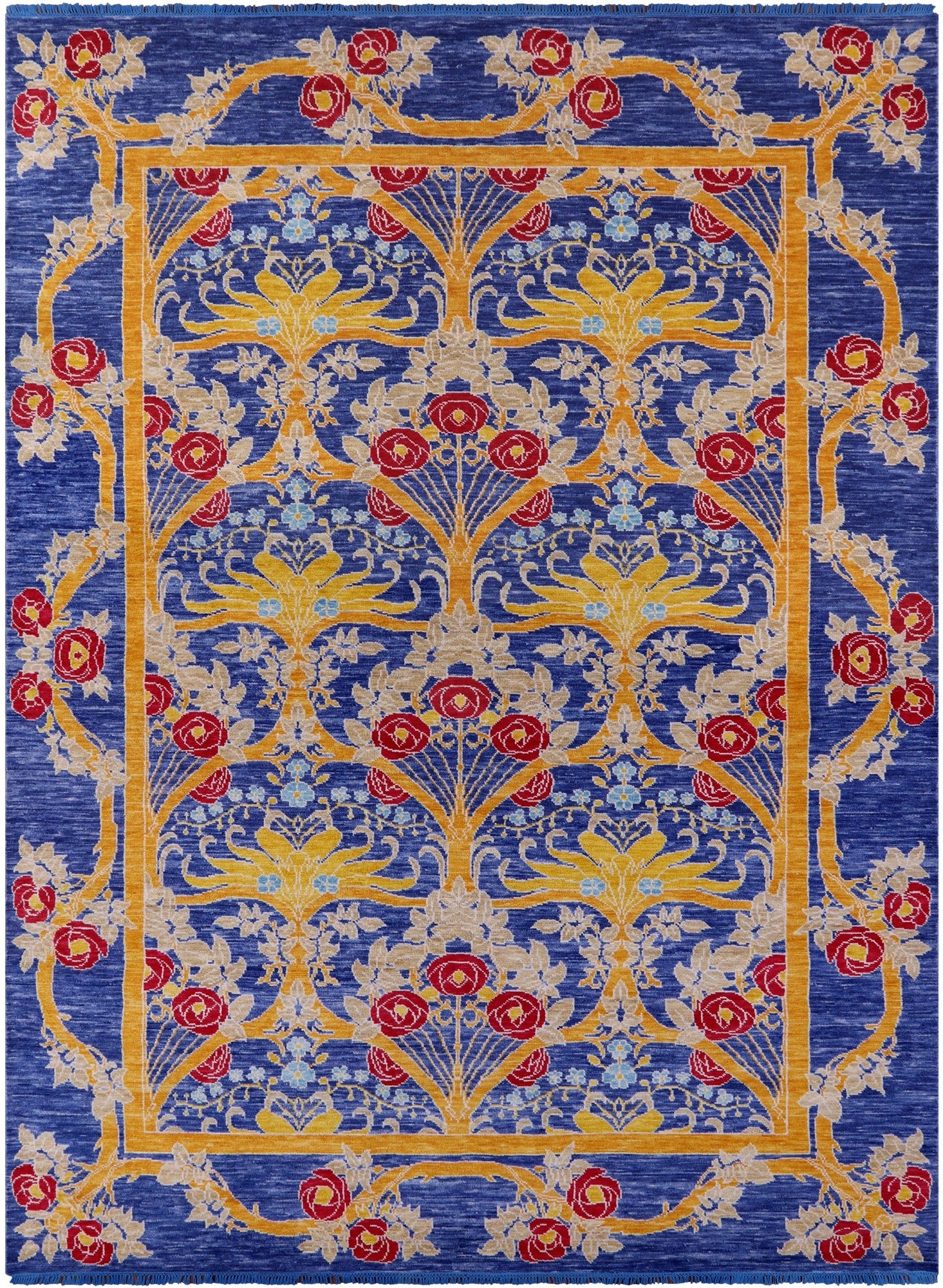 Blue William Morris Hand Knotted Wool Rug - 10' 1" X 13' 9" - Golden Nile