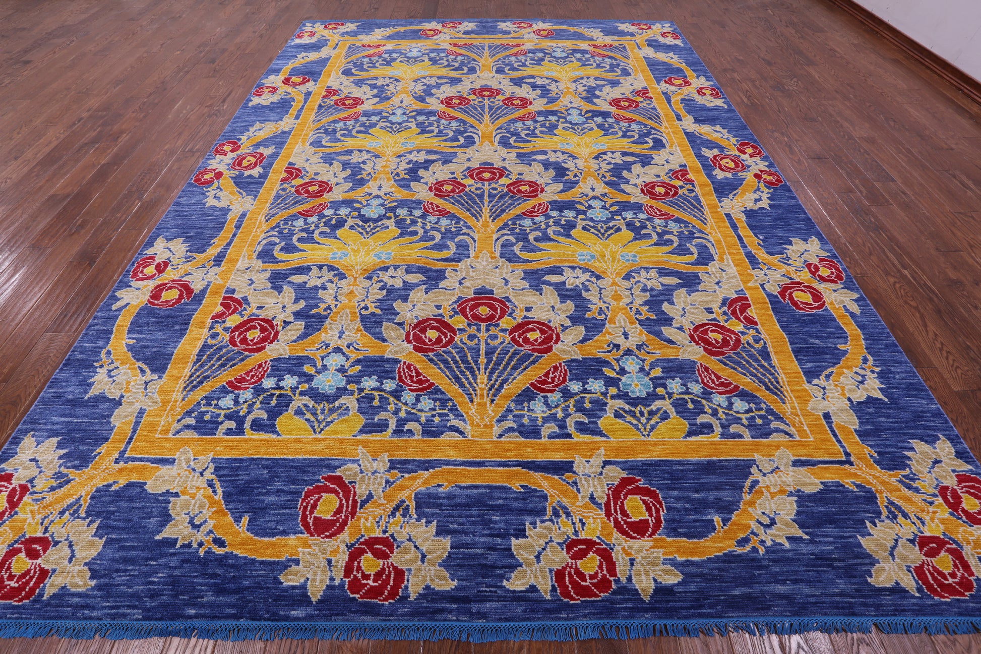 Blue William Morris Hand Knotted Wool Rug - 10' 1" X 13' 9" - Golden Nile