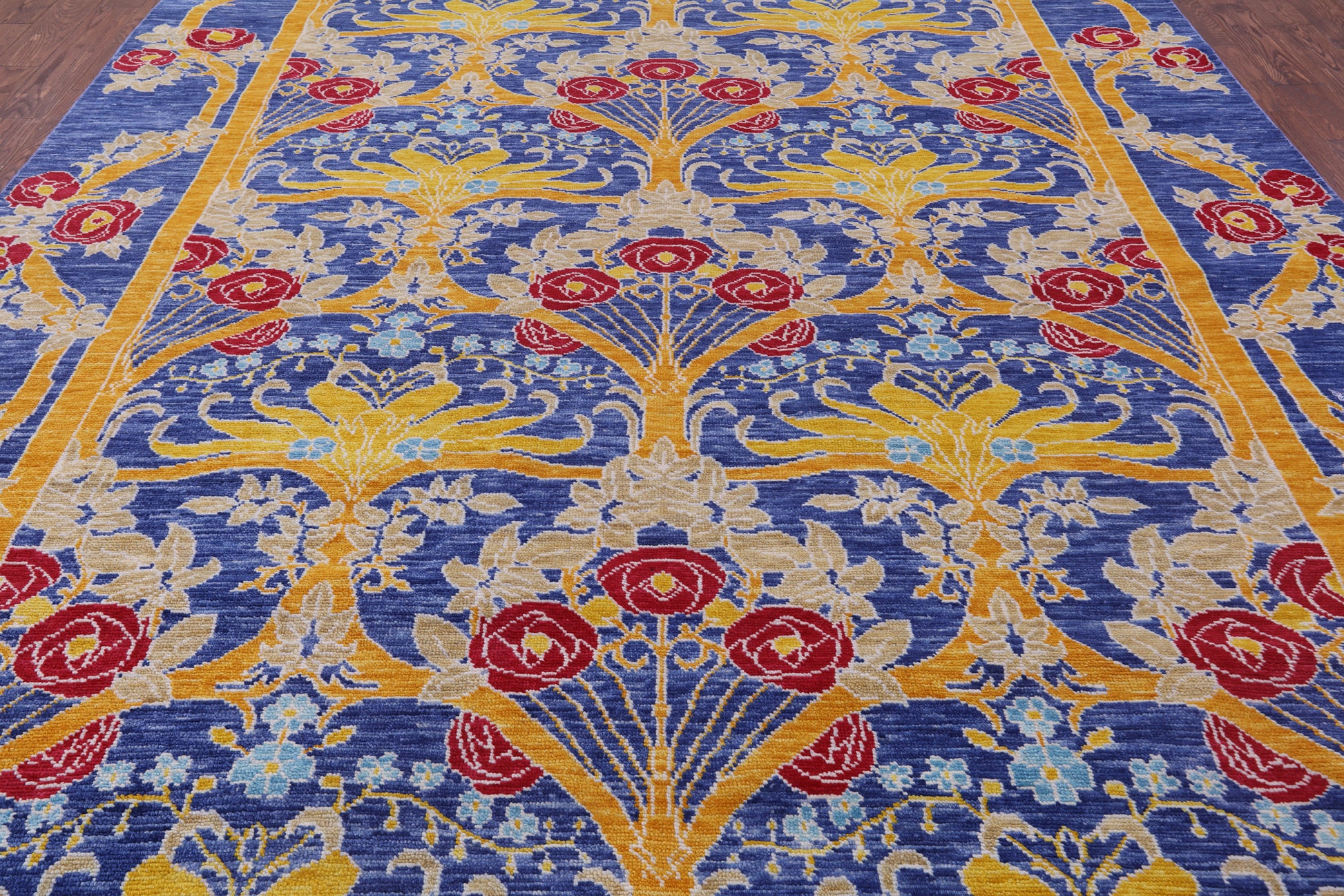 Blue William Morris Hand Knotted Wool Rug - 10' 1" X 13' 9" - Golden Nile