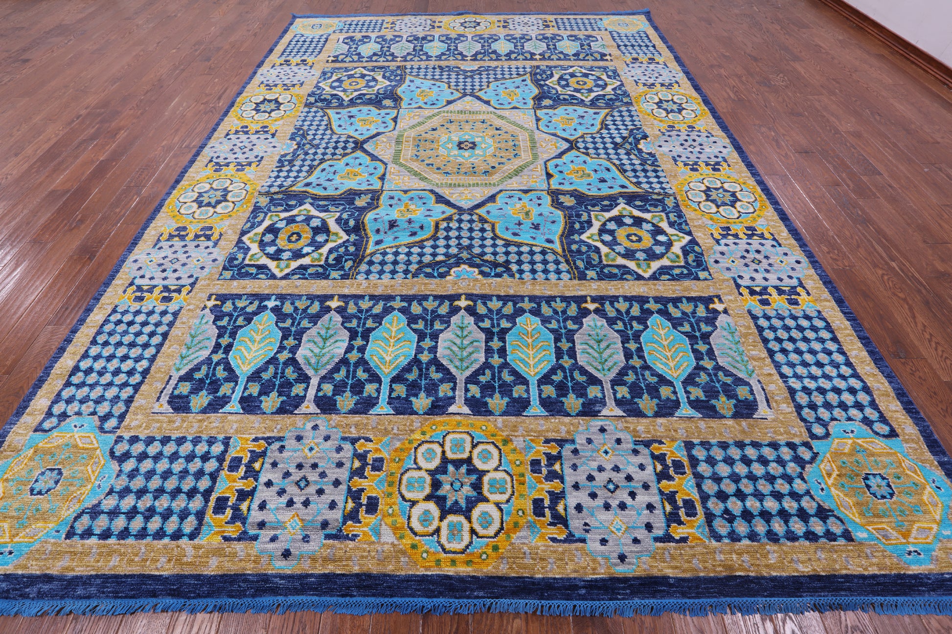 Blue Geometric Persian Mamluk Hand Knotted Wool Rug - 9' 11" X 14' 0" - Golden Nile
