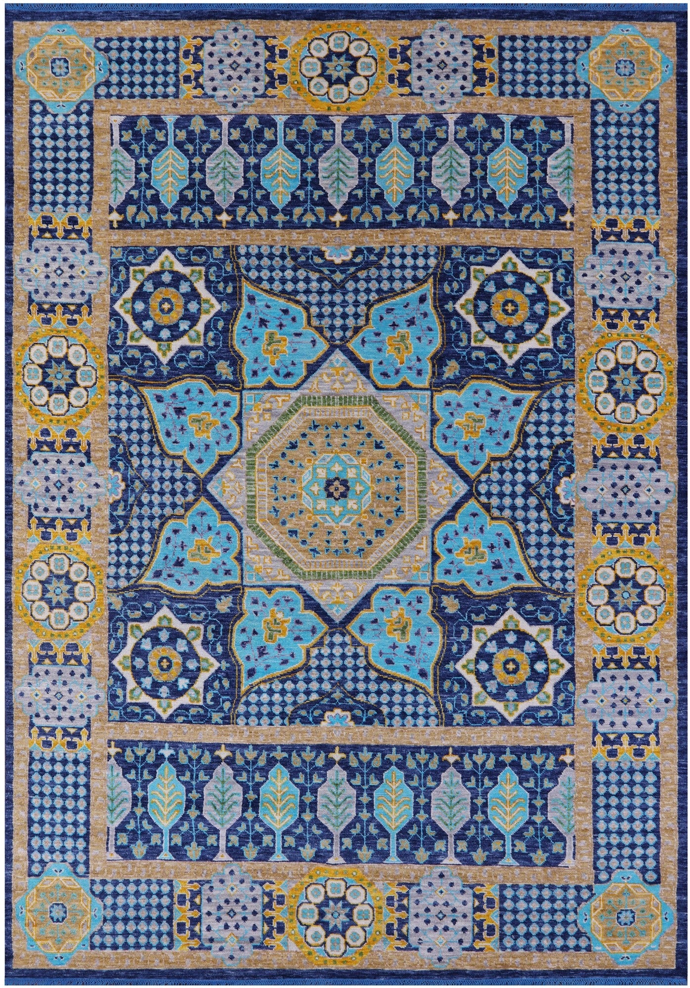 Blue Geometric Persian Mamluk Hand Knotted Wool Rug - 9' 11" X 14' 0" - Golden Nile