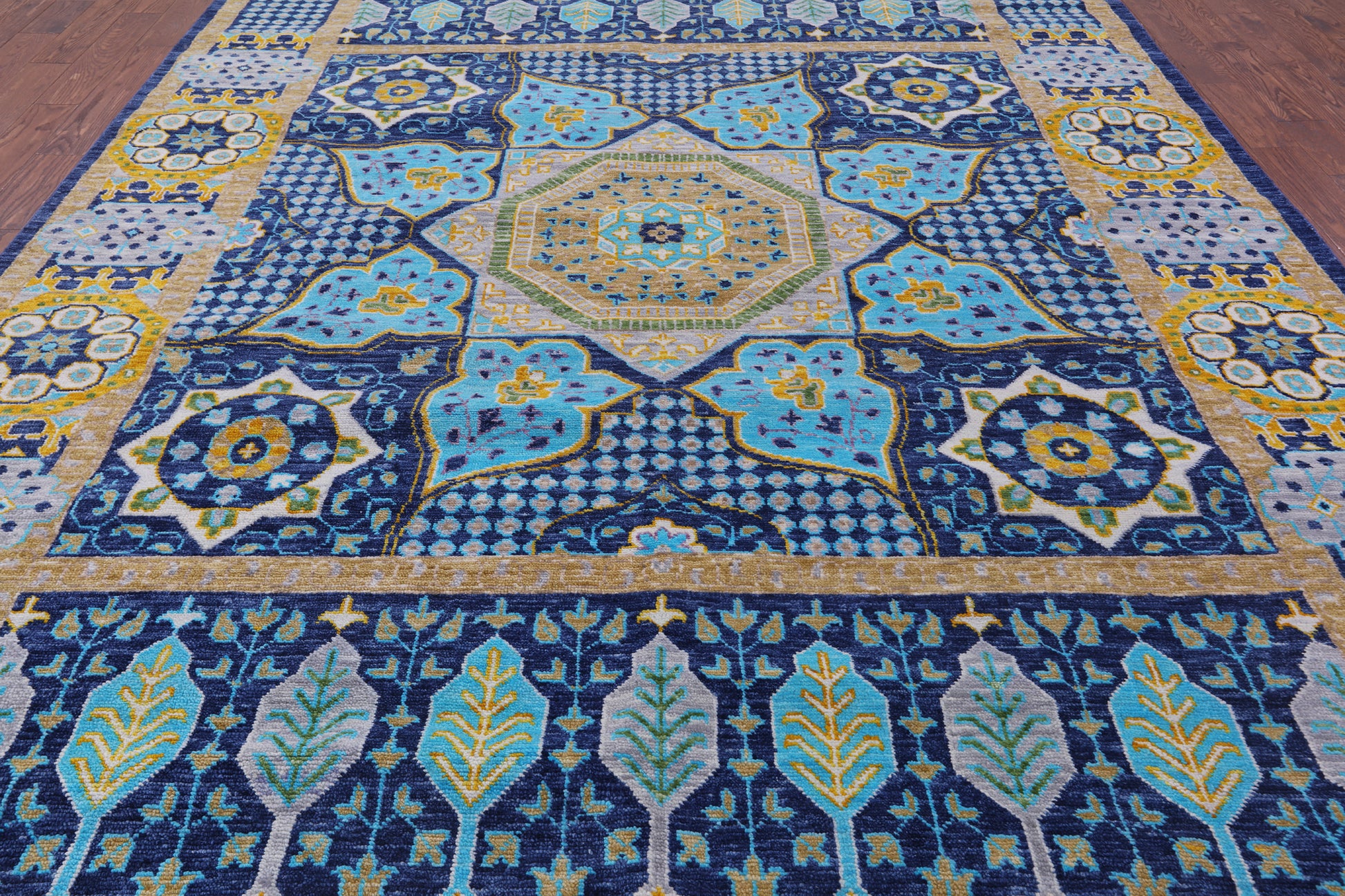 Blue Geometric Persian Mamluk Hand Knotted Wool Rug - 9' 11" X 14' 0" - Golden Nile