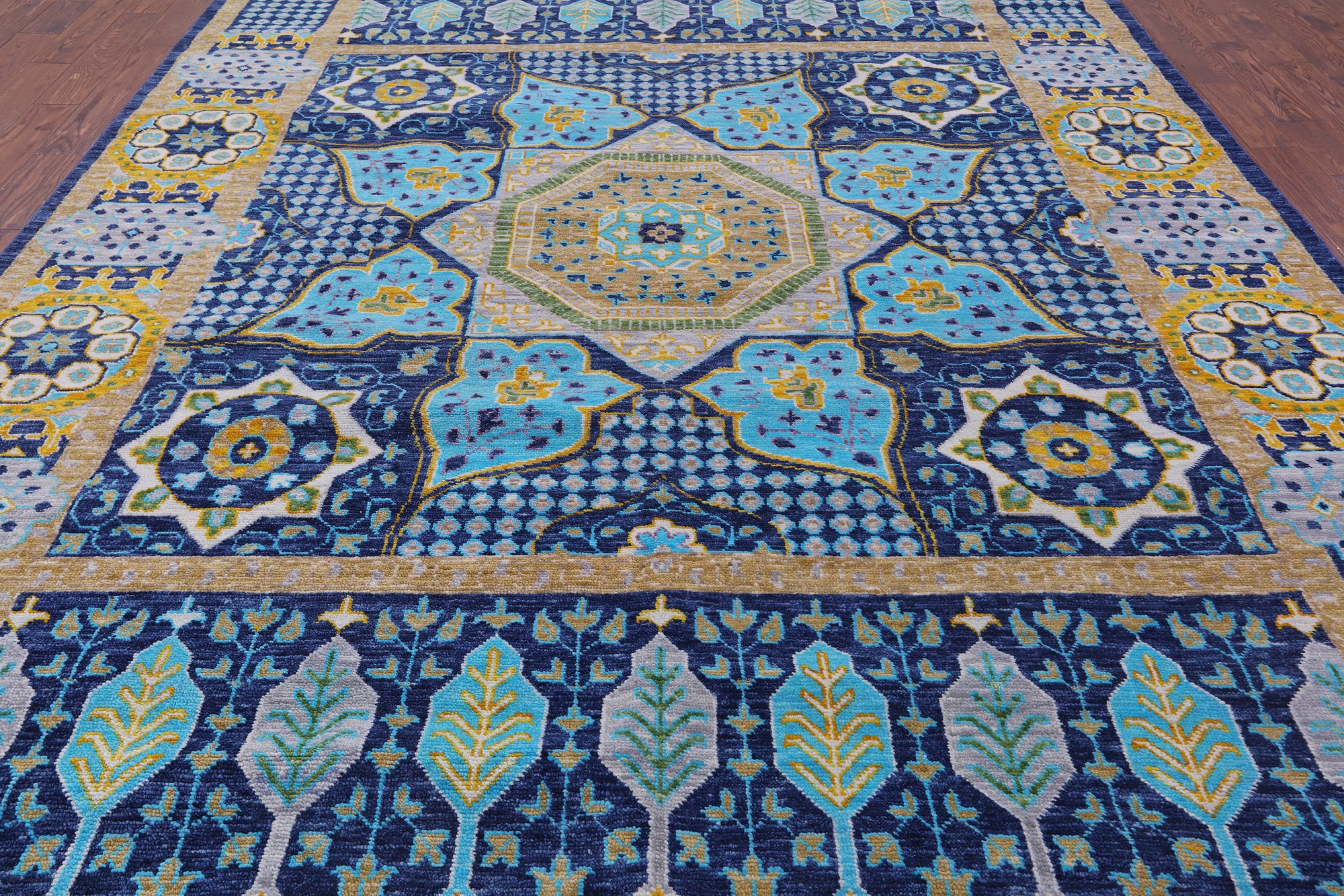 Blue Geometric Persian Mamluk Hand Knotted Wool Rug - 9' 11" X 14' 0" - Golden Nile