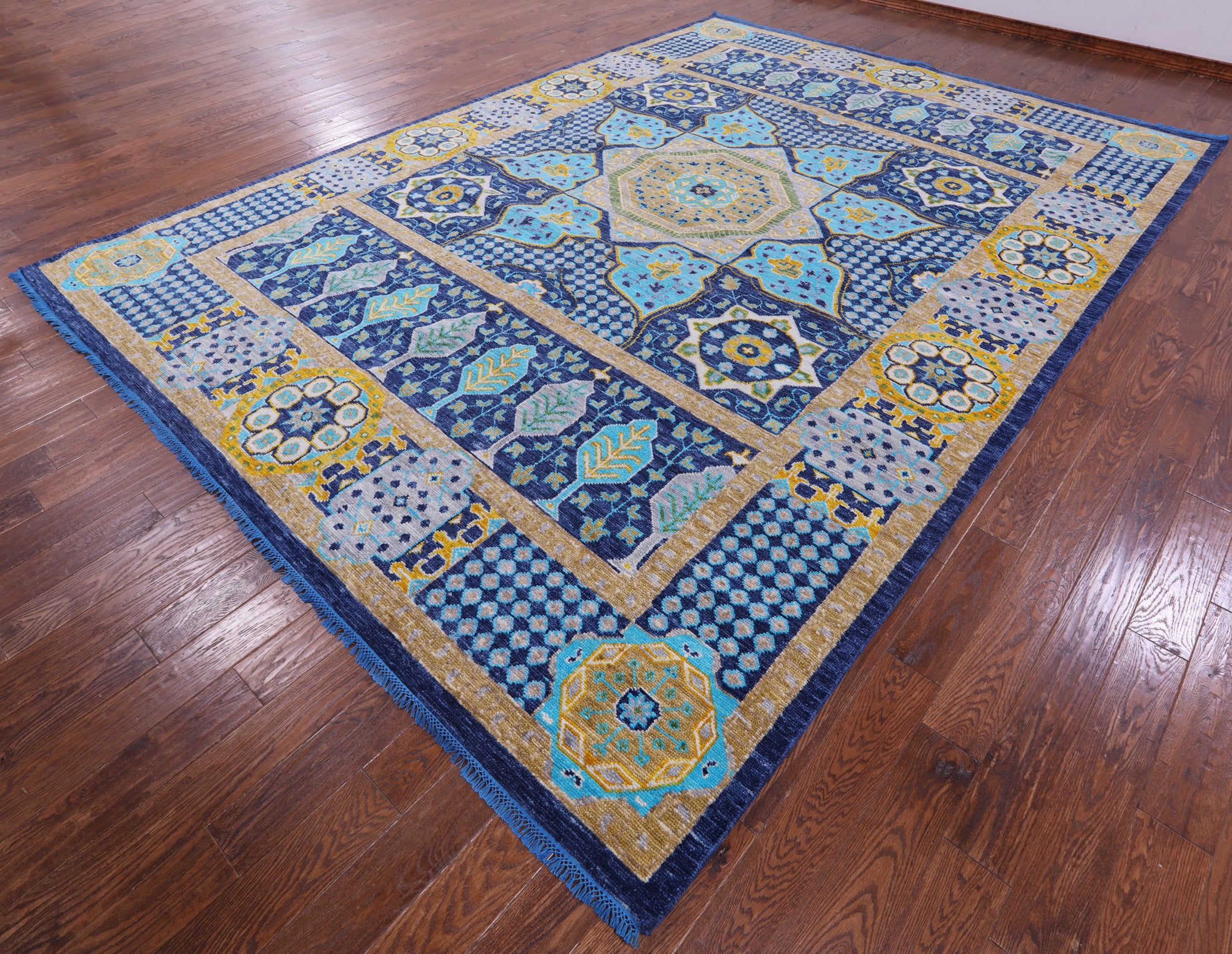 Blue Geometric Persian Mamluk Hand Knotted Wool Rug - 9' 11" X 14' 0" - Golden Nile