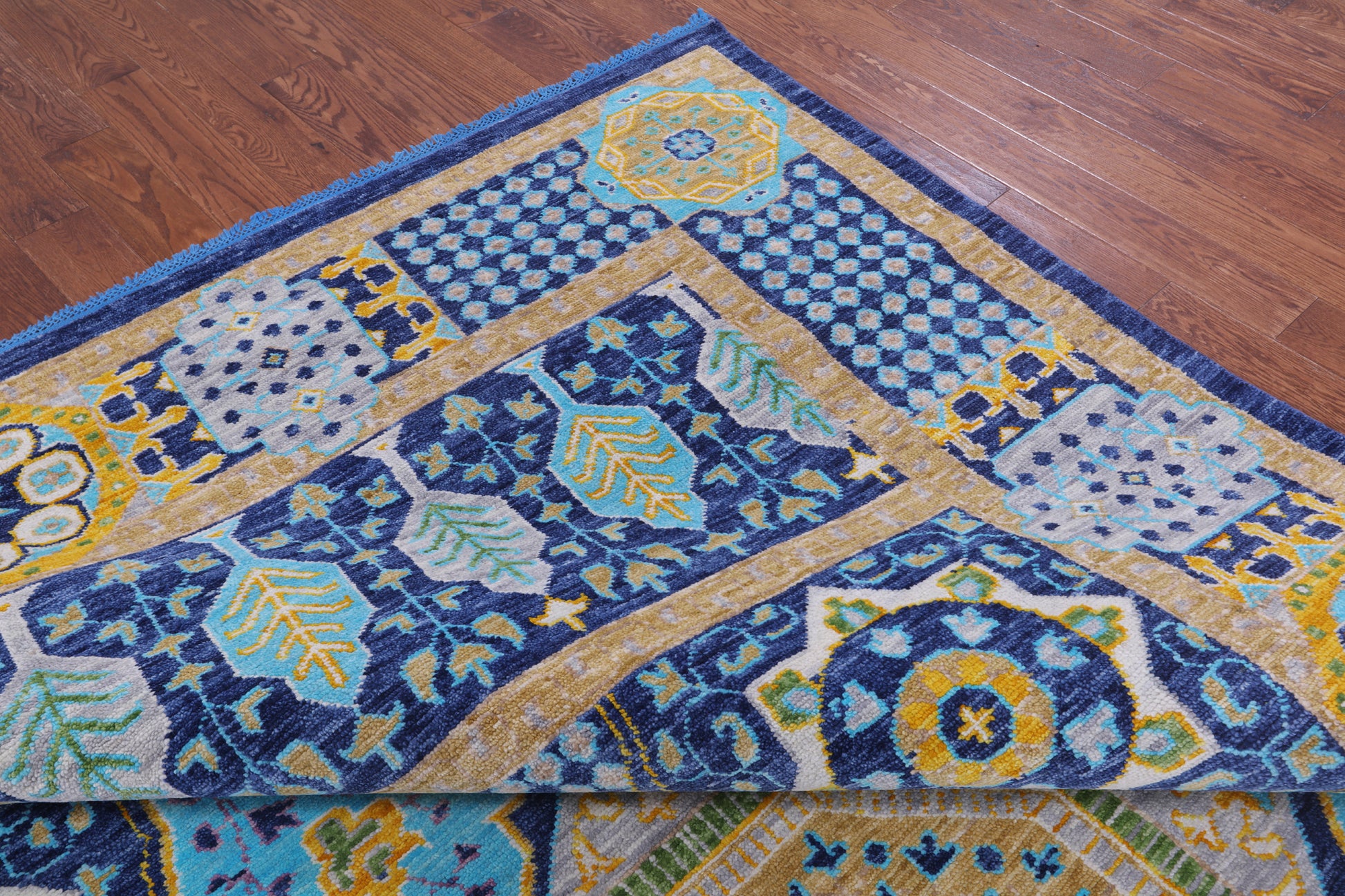 Blue Geometric Persian Mamluk Hand Knotted Wool Rug - 9' 11" X 14' 0" - Golden Nile