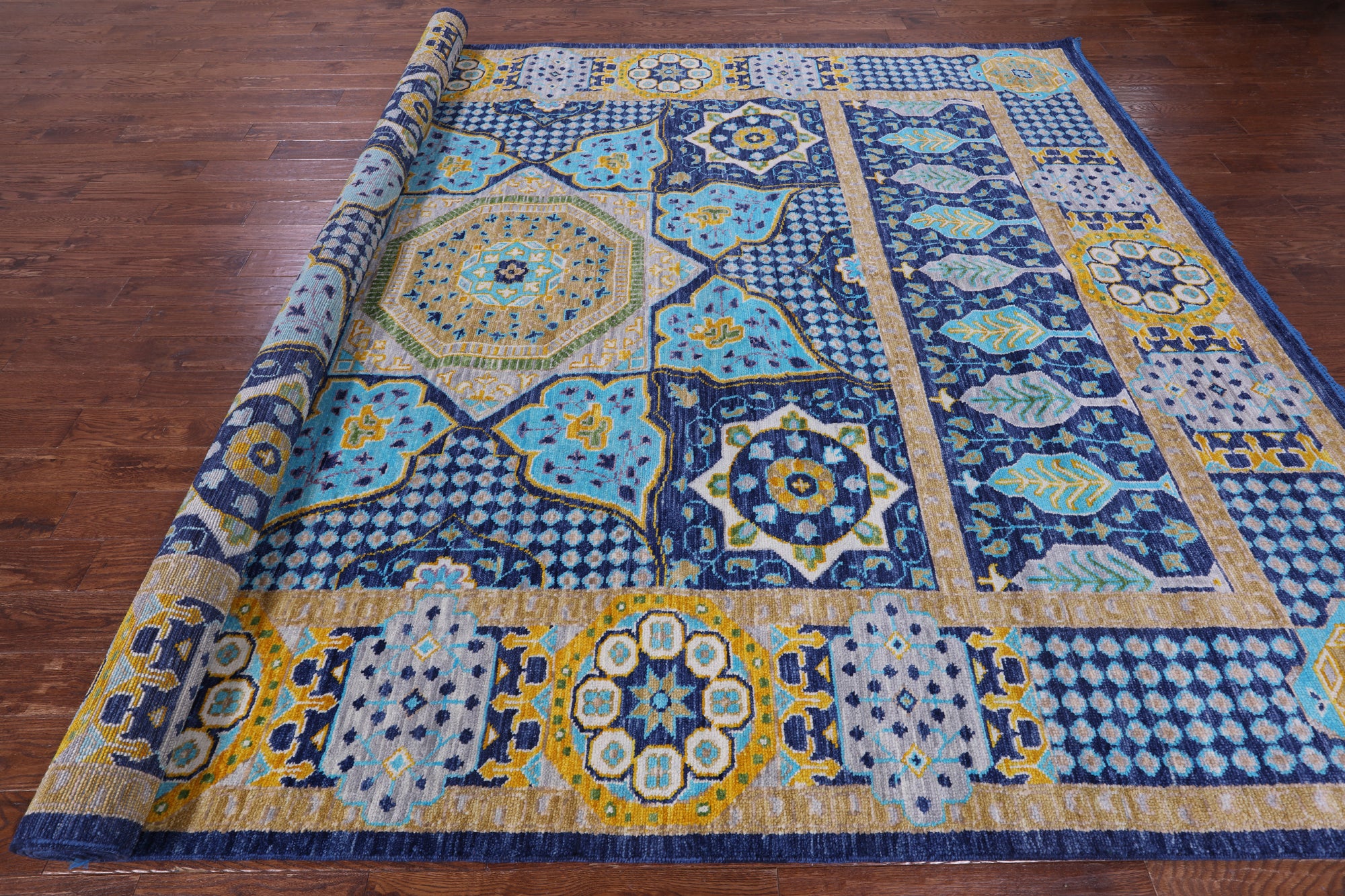Blue Geometric Persian Mamluk Hand Knotted Wool Rug - 9' 11" X 14' 0" - Golden Nile