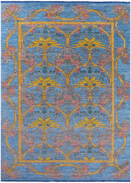 Blue William Morris Hand Knotted Wool Rug - 10' 1" X 13' 10" - Golden Nile