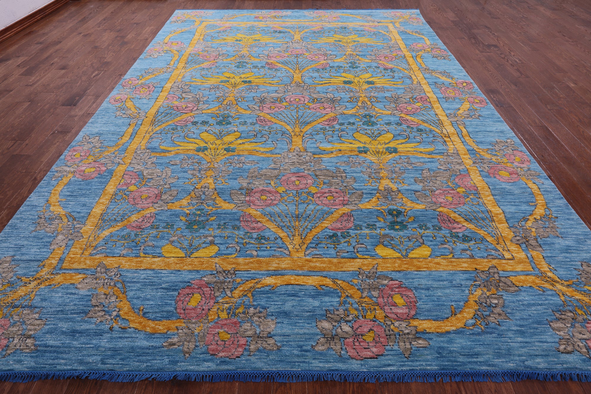 Blue William Morris Hand Knotted Wool Rug - 10' 1" X 13' 10" - Golden Nile