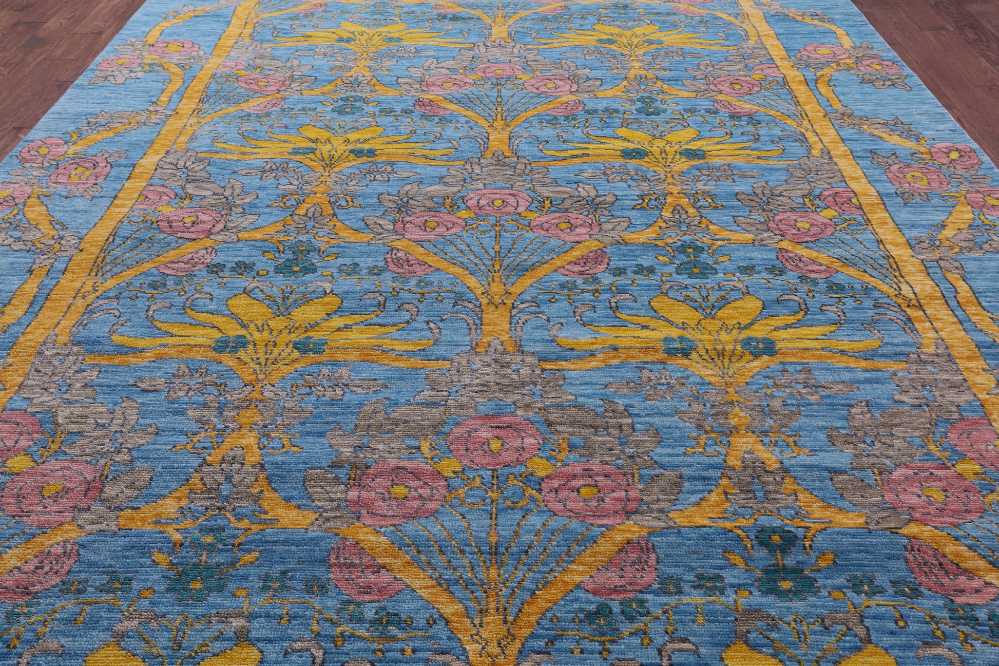 Blue William Morris Hand Knotted Wool Rug - 10' 1" X 13' 10" - Golden Nile