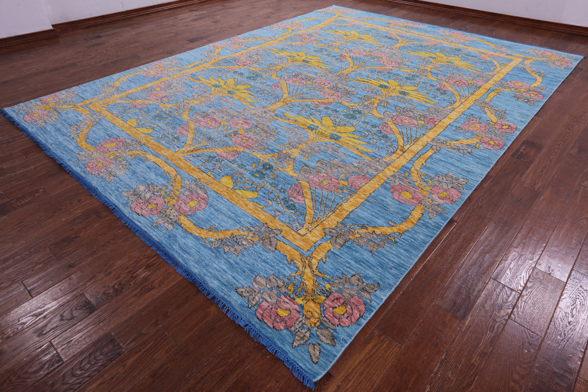 Blue William Morris Hand Knotted Wool Rug - 10' 1" X 13' 10" - Golden Nile
