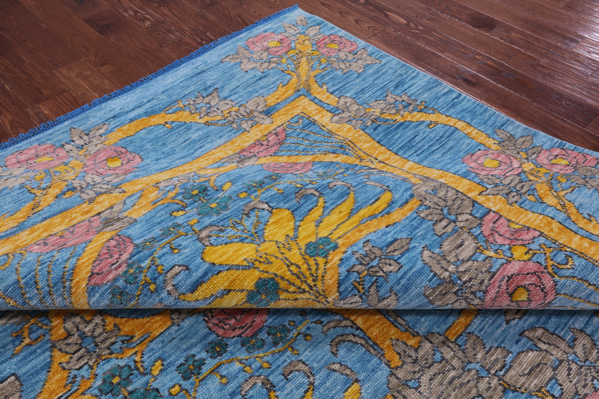 Blue William Morris Hand Knotted Wool Rug - 10' 1" X 13' 10" - Golden Nile